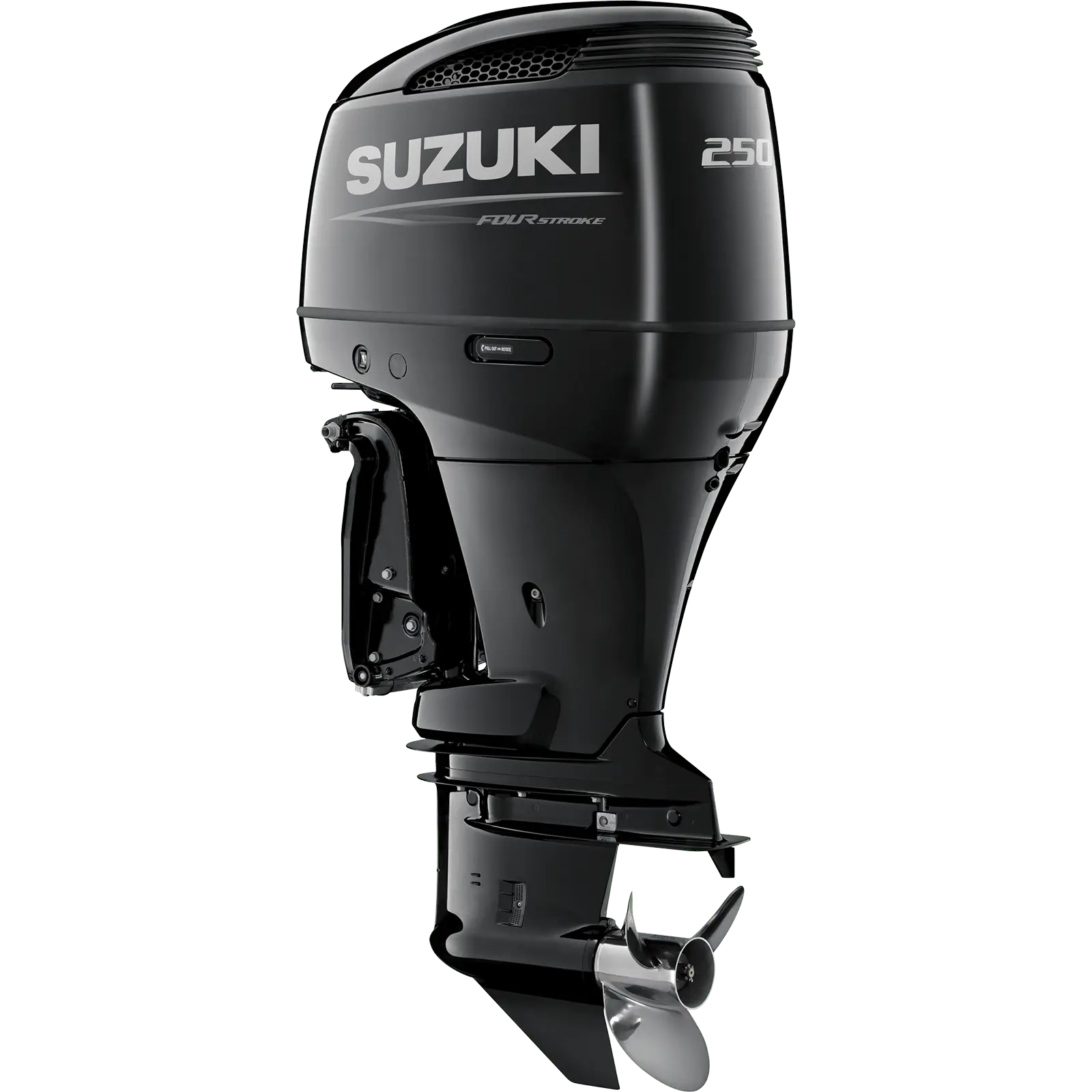 A sleek black outboard motor with propeller and branding details.