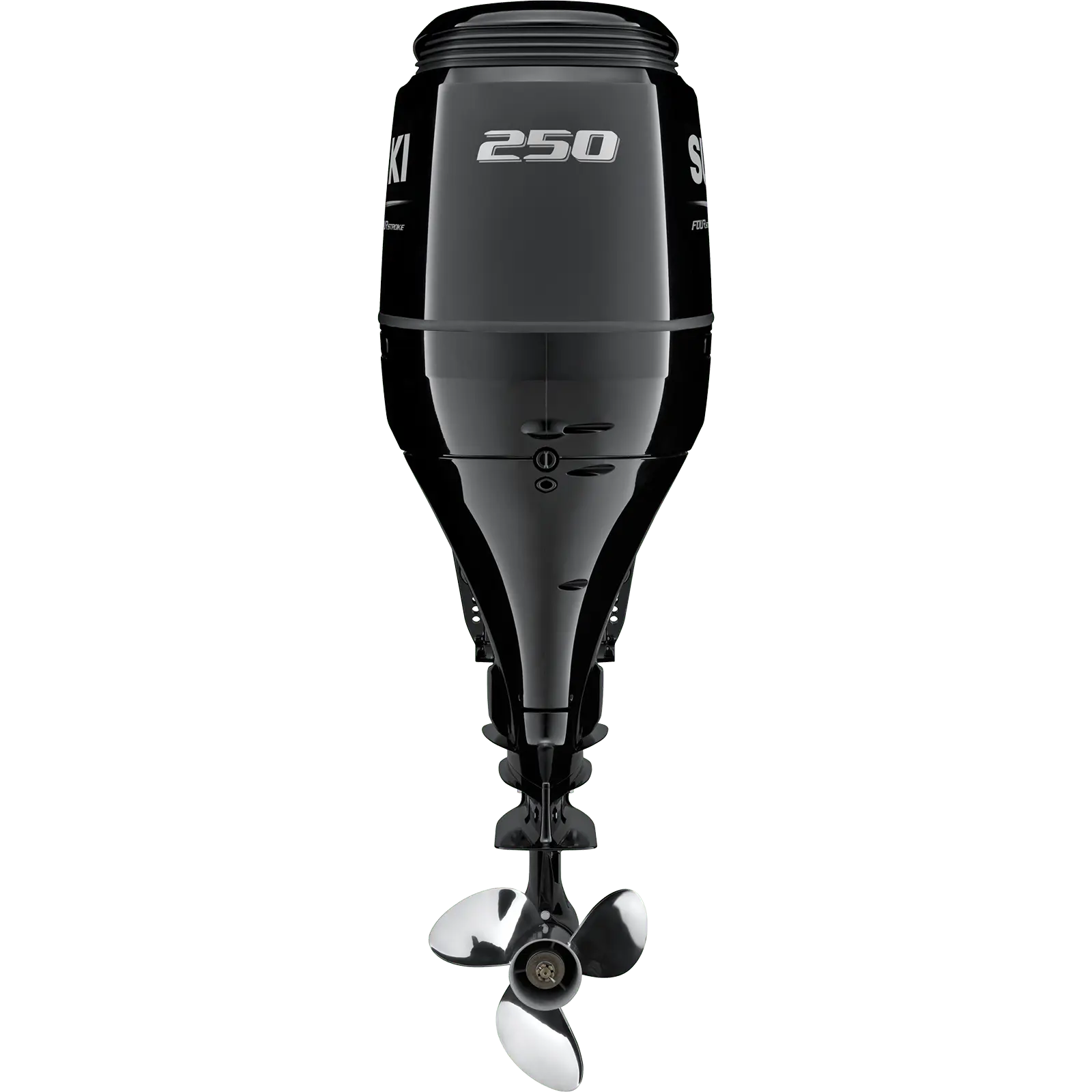 A sleek black outboard motor with silver propeller blades and "250" marking on top.