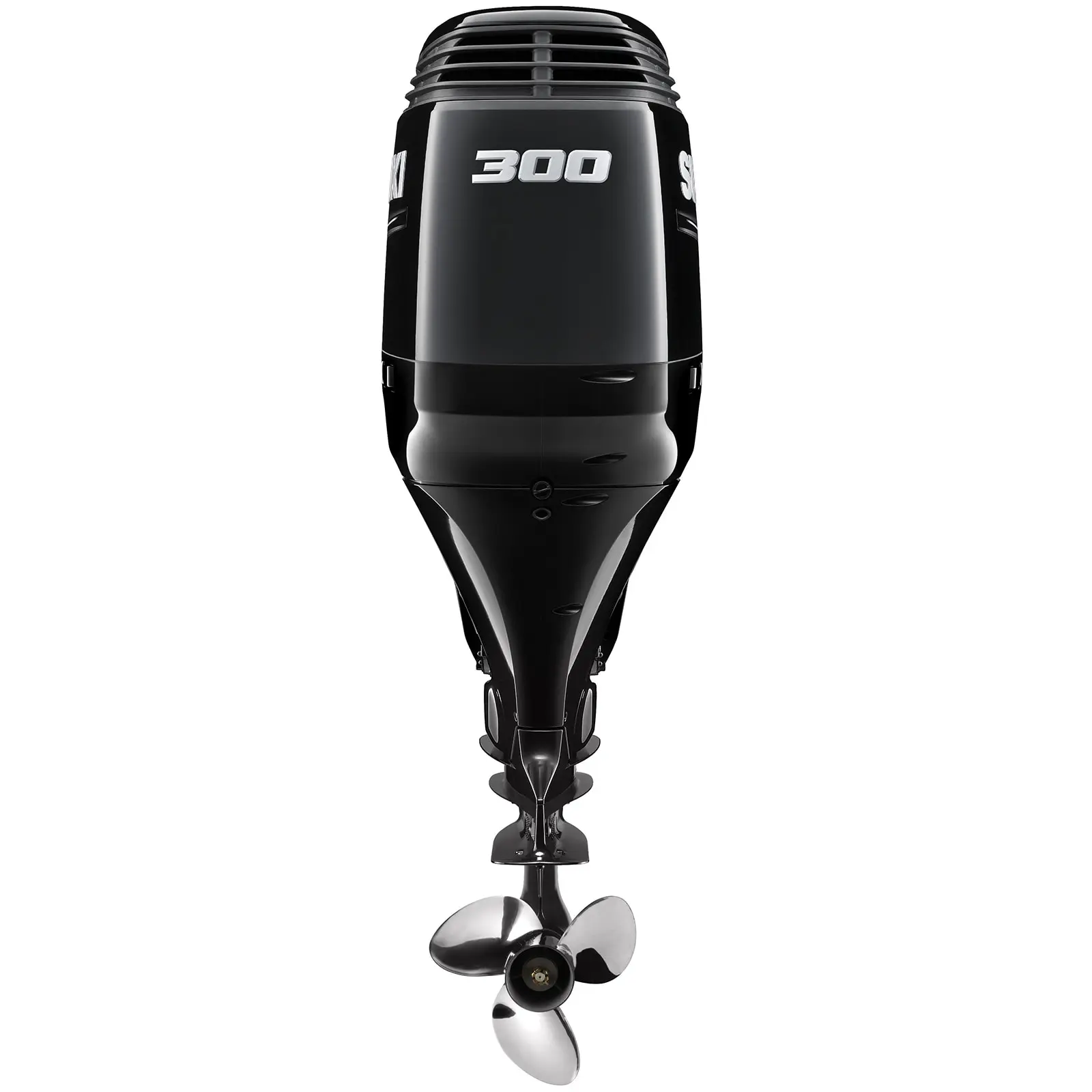 A sleek black outboard motor with silver propeller and number 300 on top.