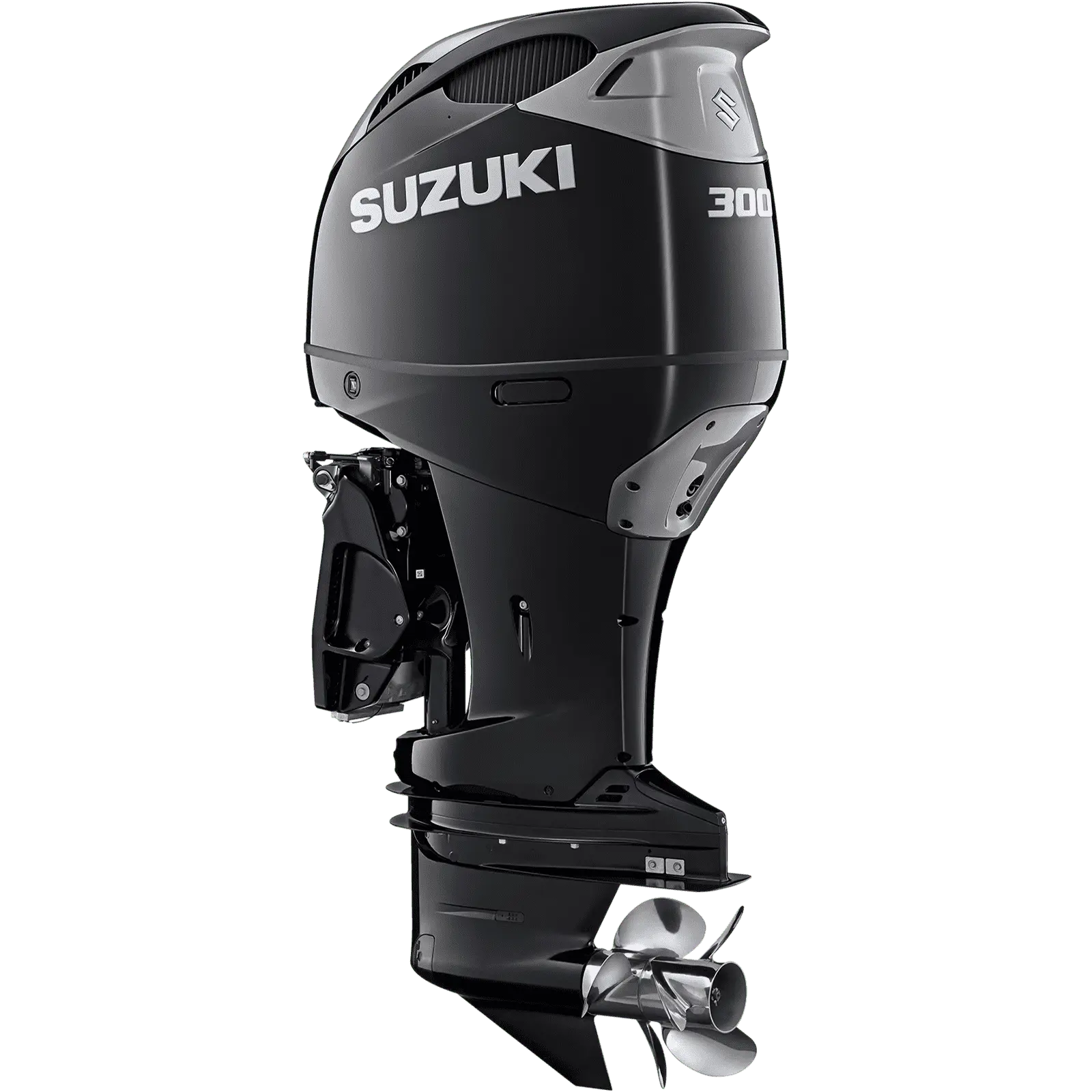 WEBDF300BMD_a A sleek black outboard motor with propeller and branding details.