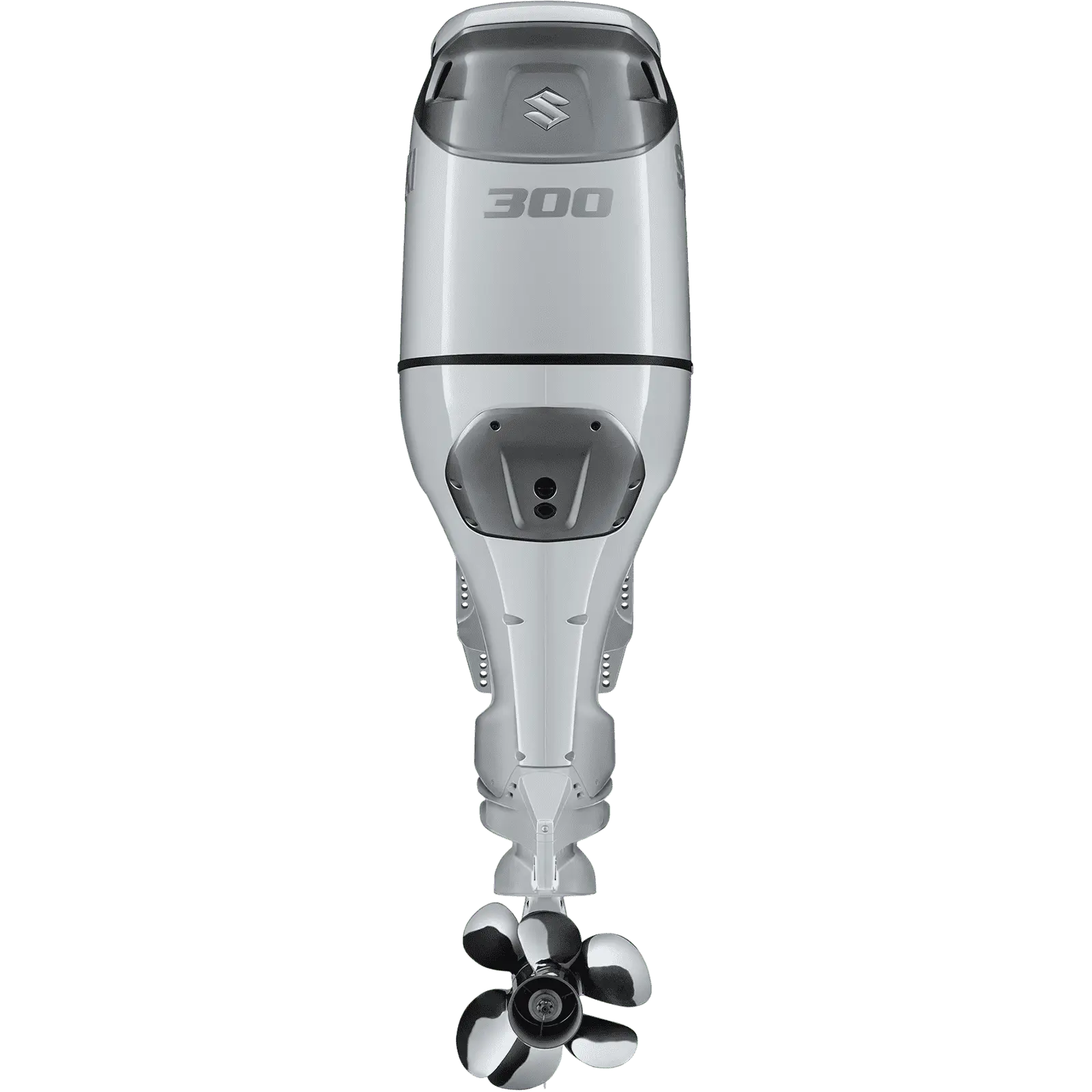 A sleek silver outboard motor with propeller at bottom.