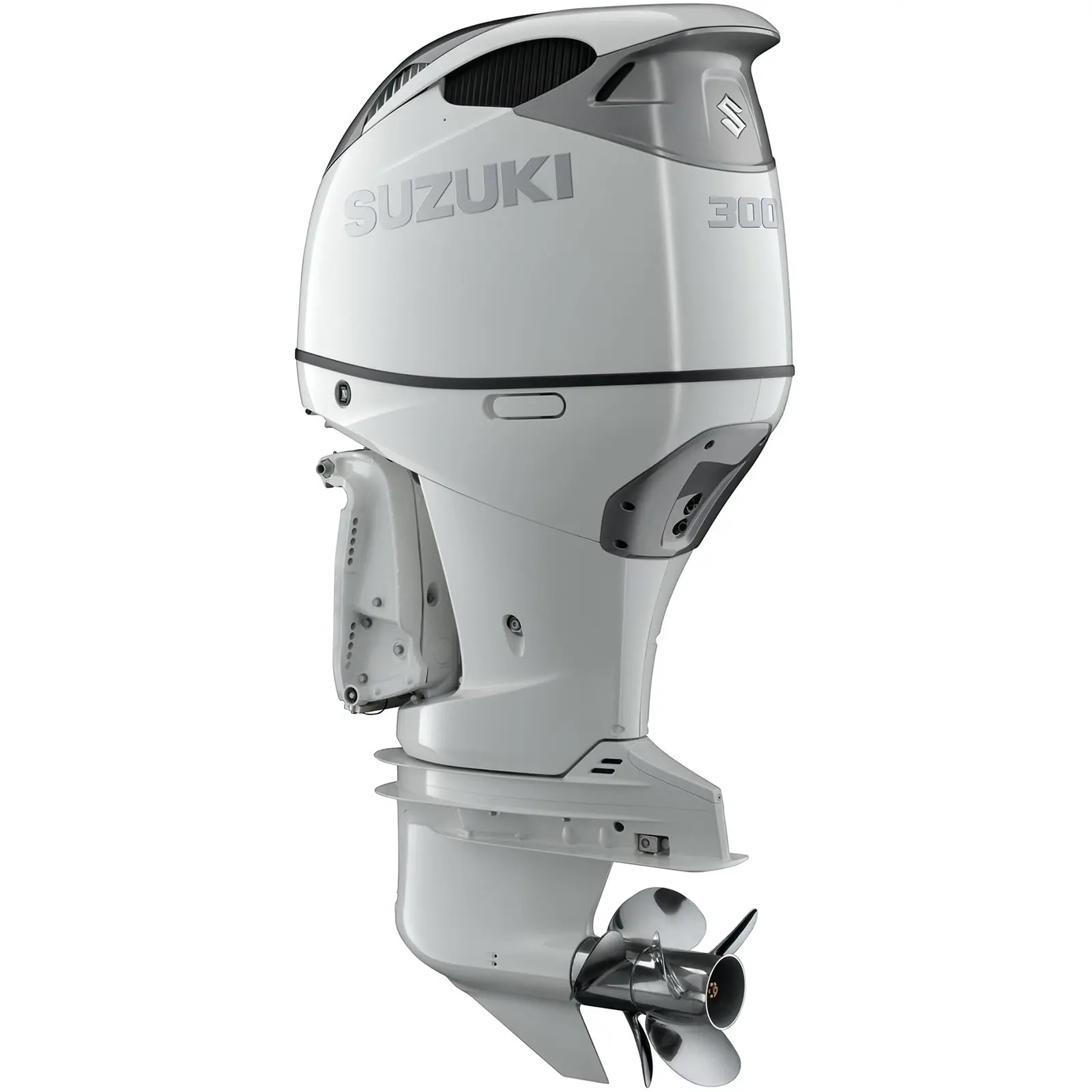 A sleek white outboard motor with propeller and branding details.