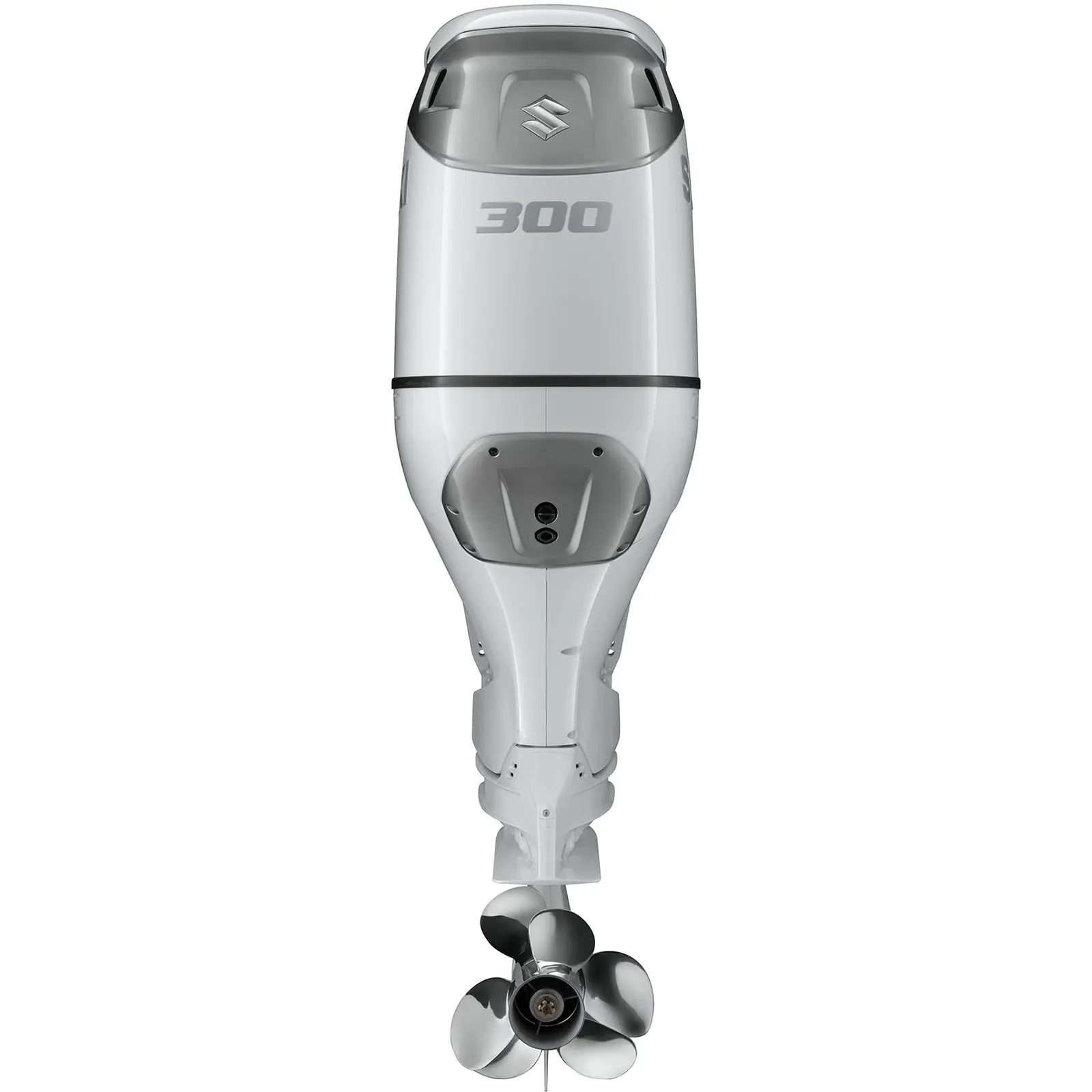 A sleek white outboard motor with propeller at bottom and "300" marking on top.