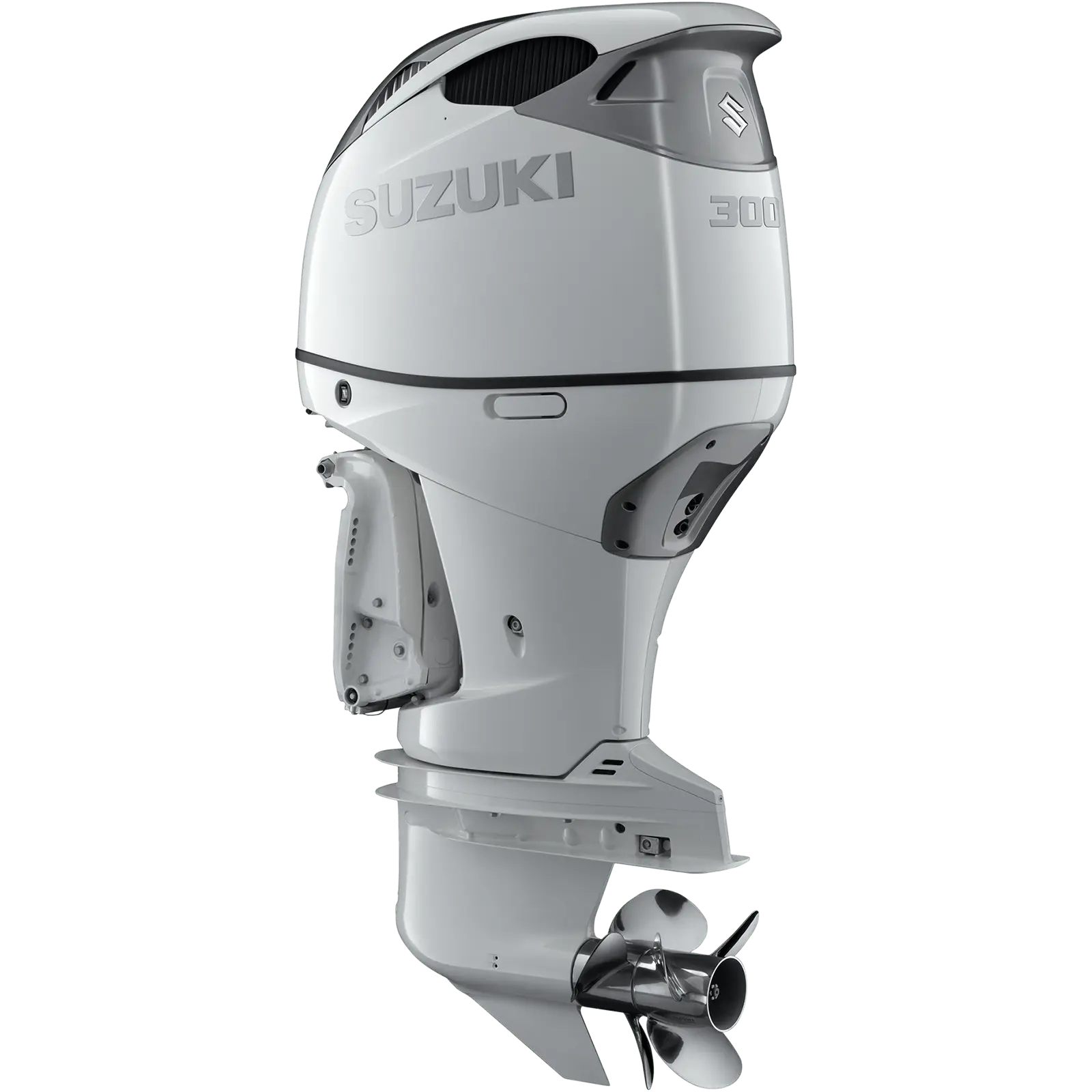 A sleek white outboard motor with propeller at bottom.