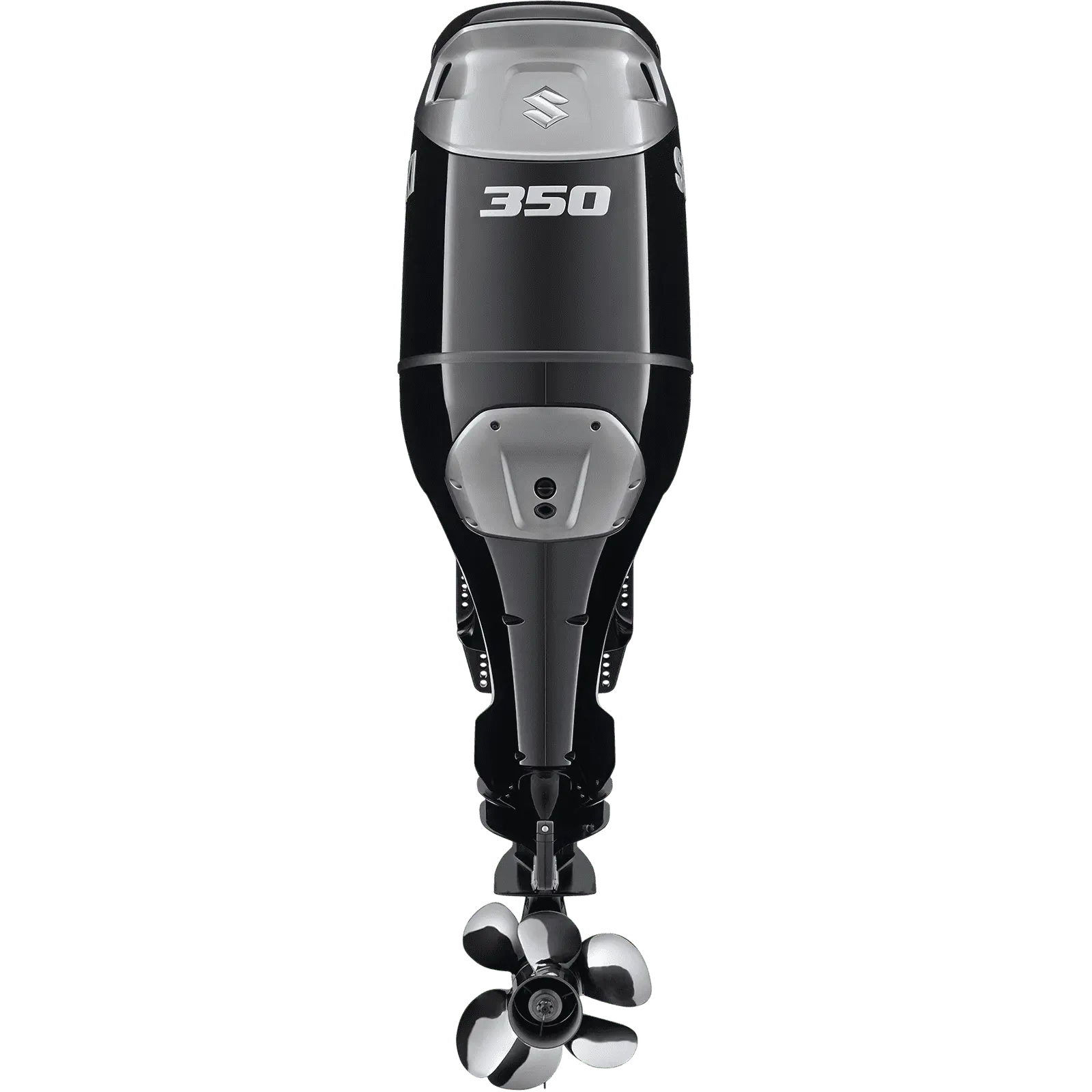 A sleek black and silver outboard motor with propeller at bottom.