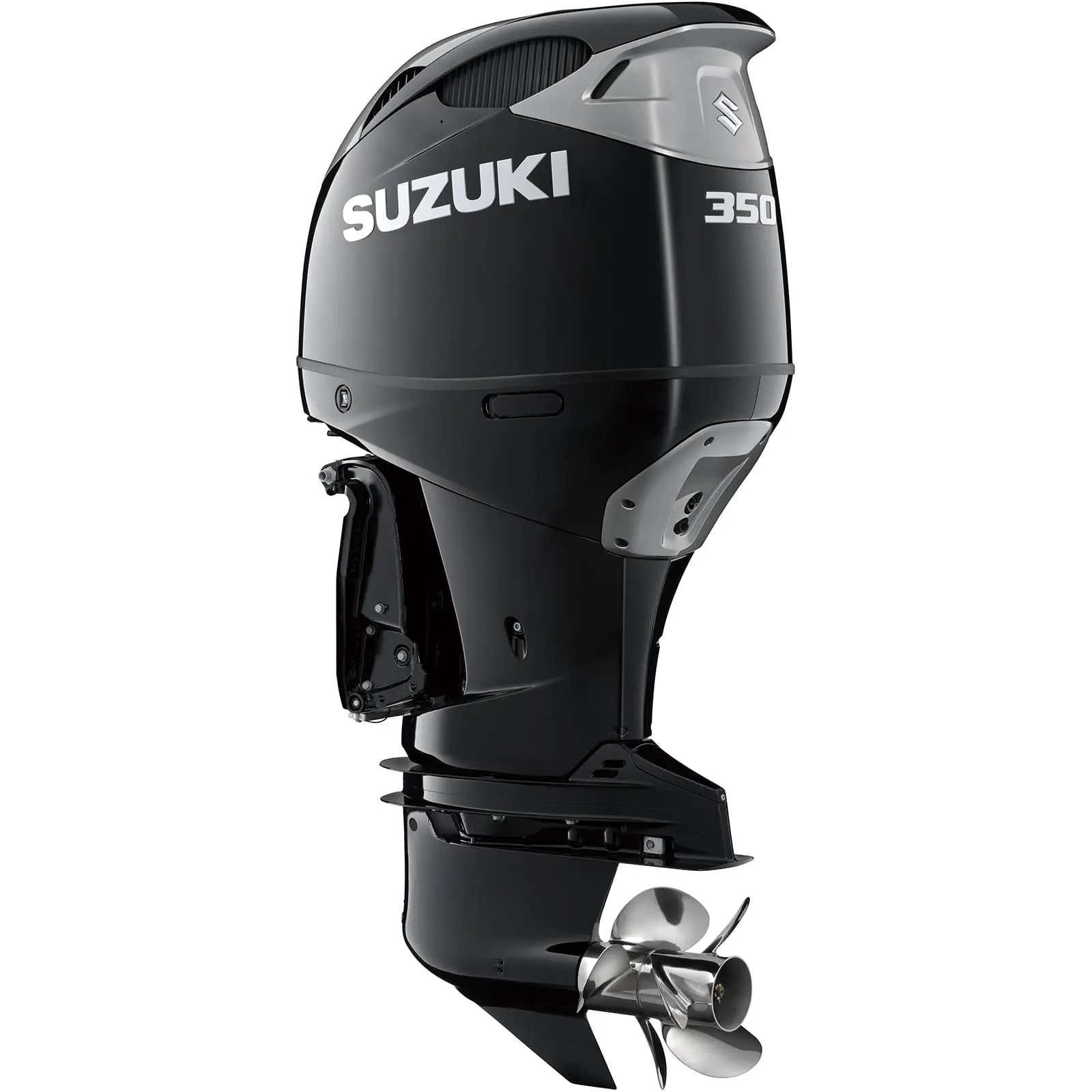 A sleek black outboard motor with silver propeller and branding details.