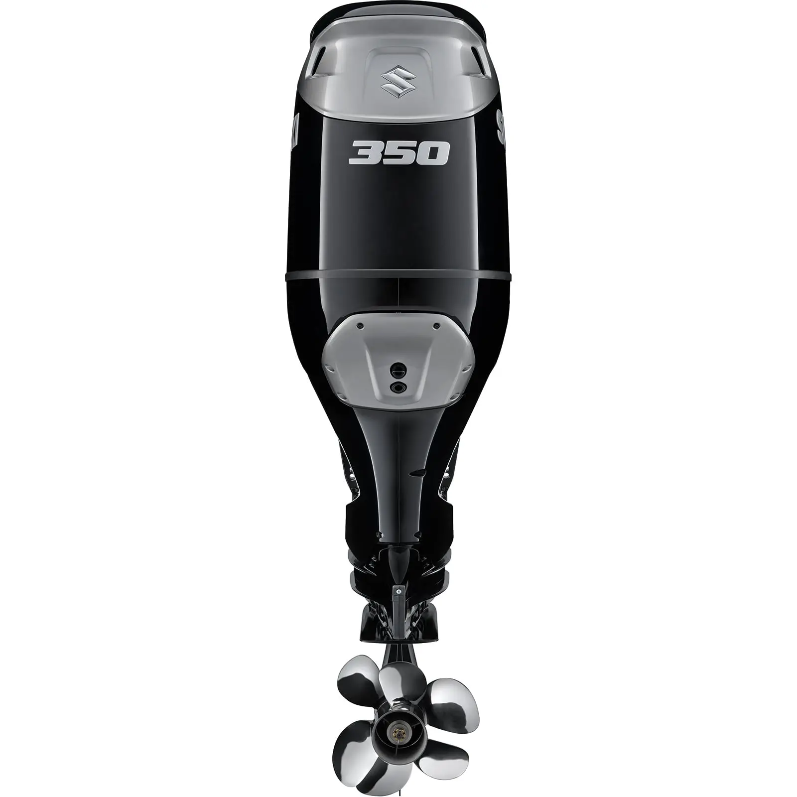 A sleek black and silver outboard motor with propeller at bottom.