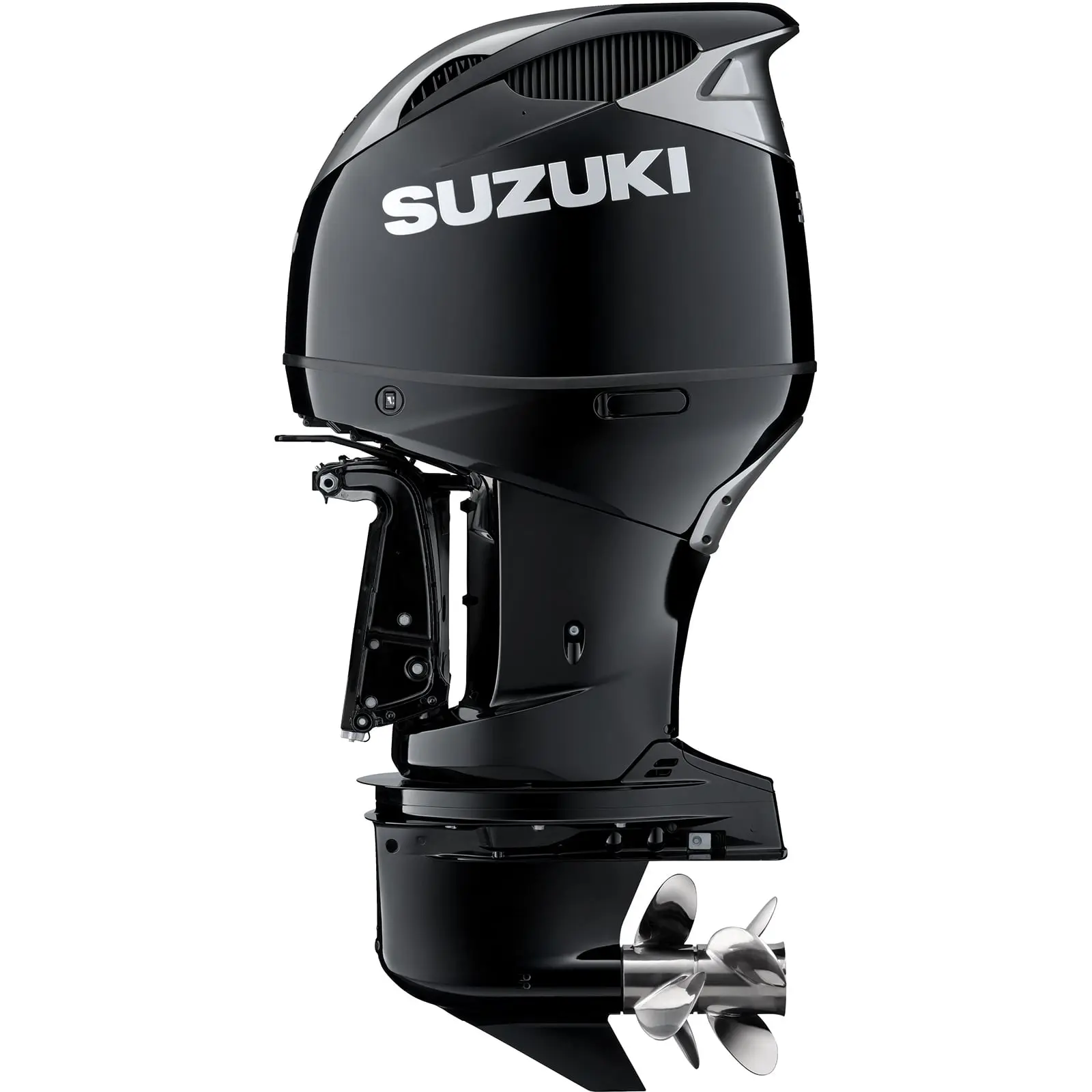 A sleek black outboard motor with propeller attached.