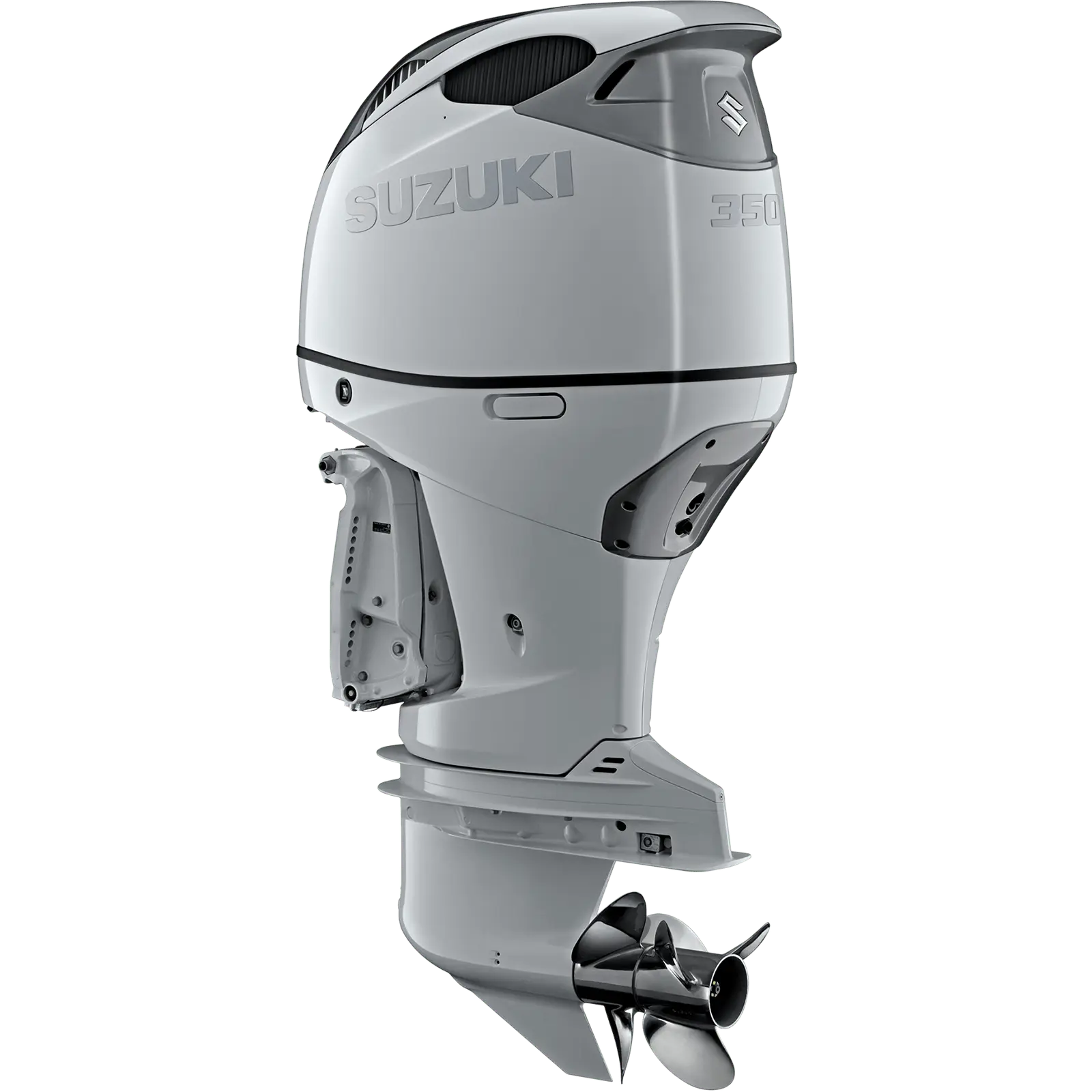 A sleek white outboard motor with propeller and branding details.