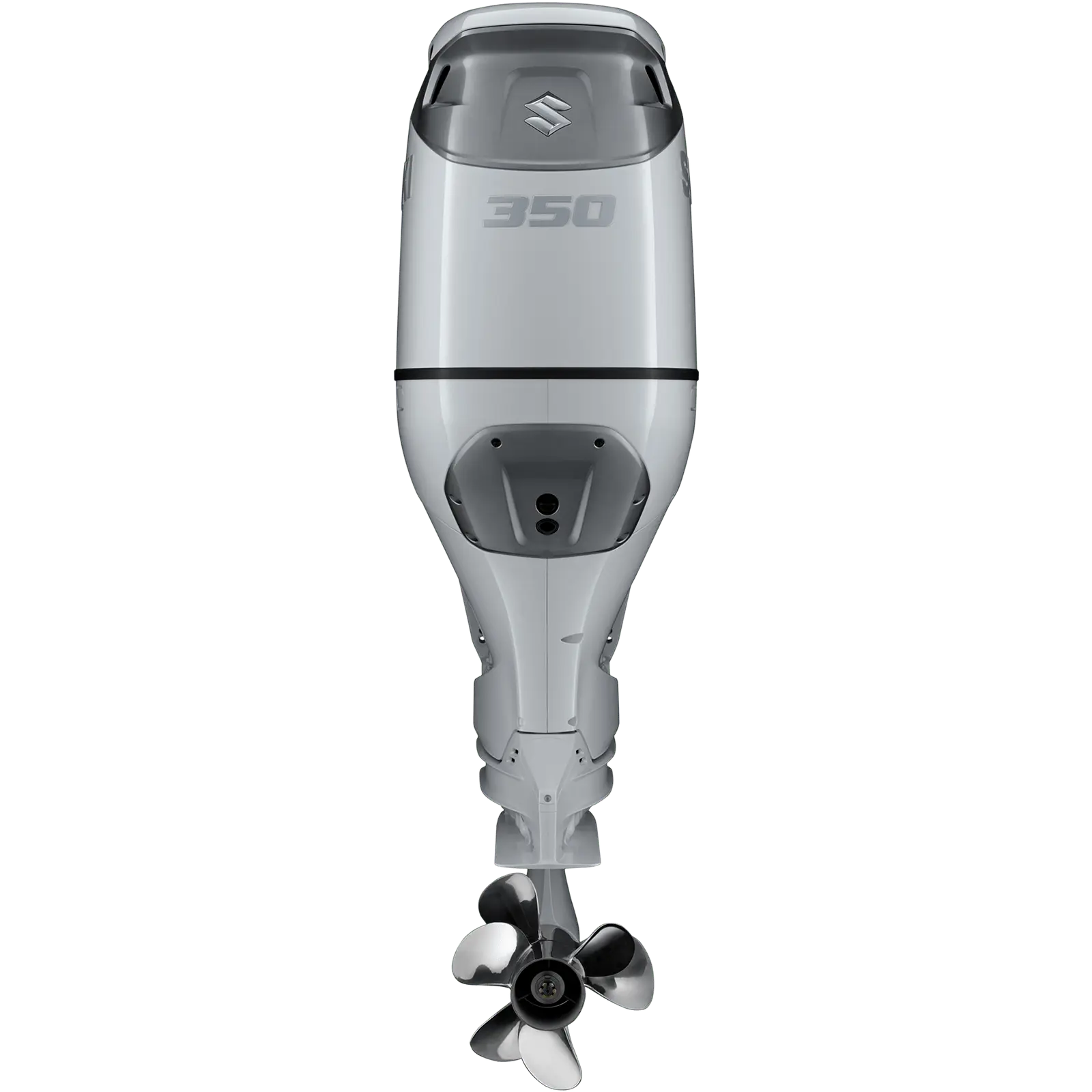 A sleek outboard motor with propeller and branding details.