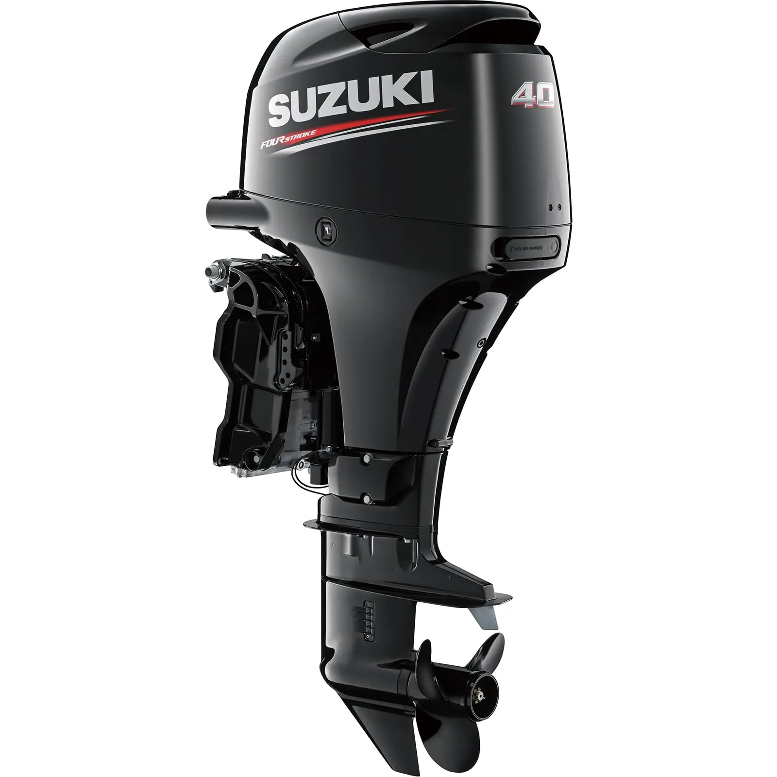 A black outboard motor with propeller and branding details.