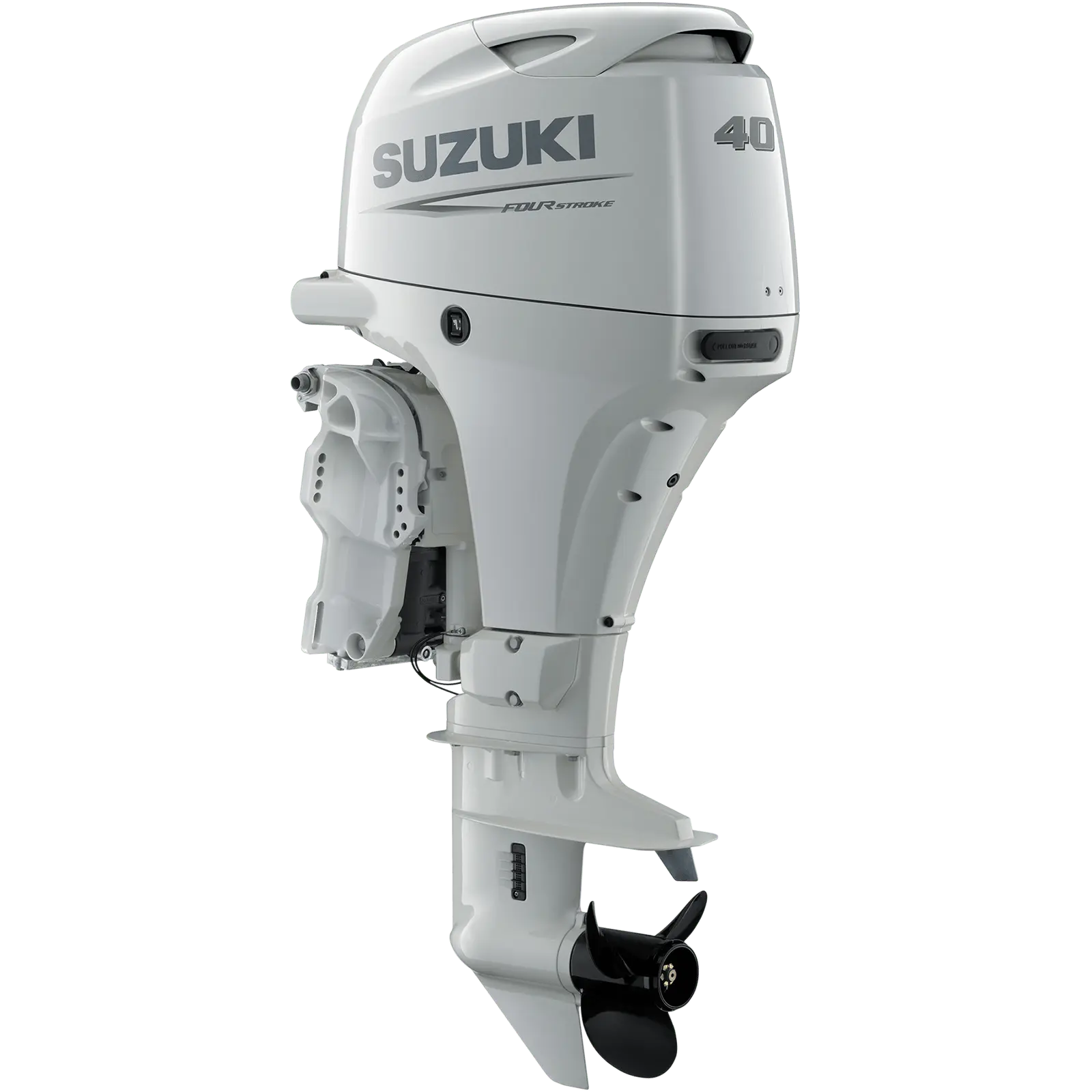 A white outboard motor with propeller and control panel details.