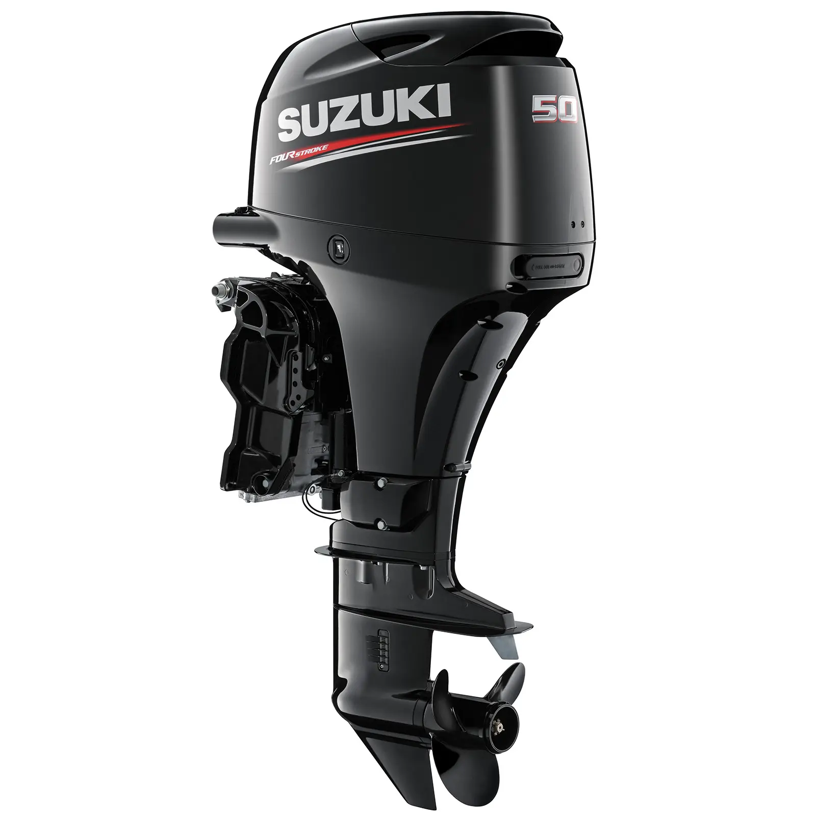 A sleek black outboard motor with propeller and control panel details.