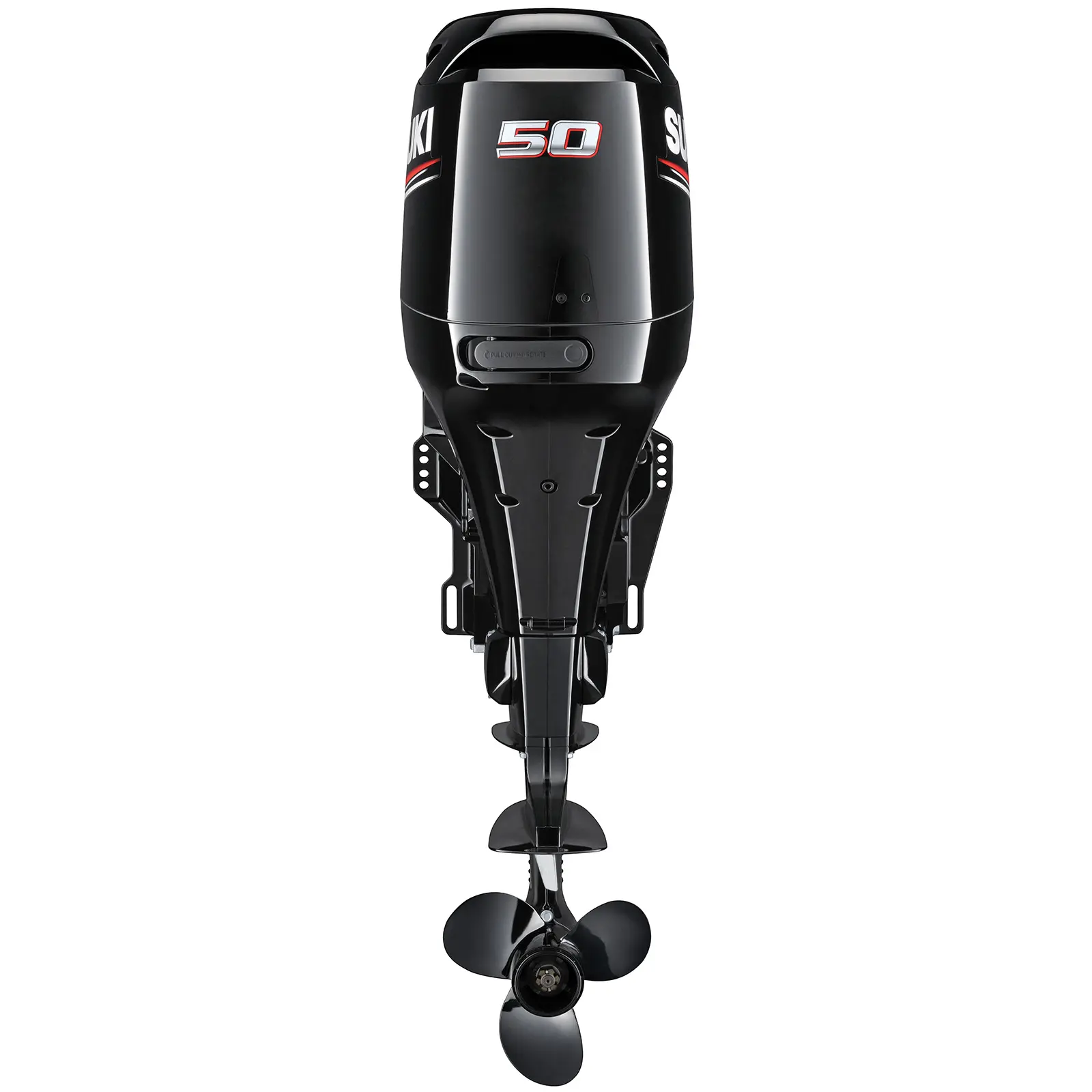 A sleek black outboard motor with propeller and control panel details.