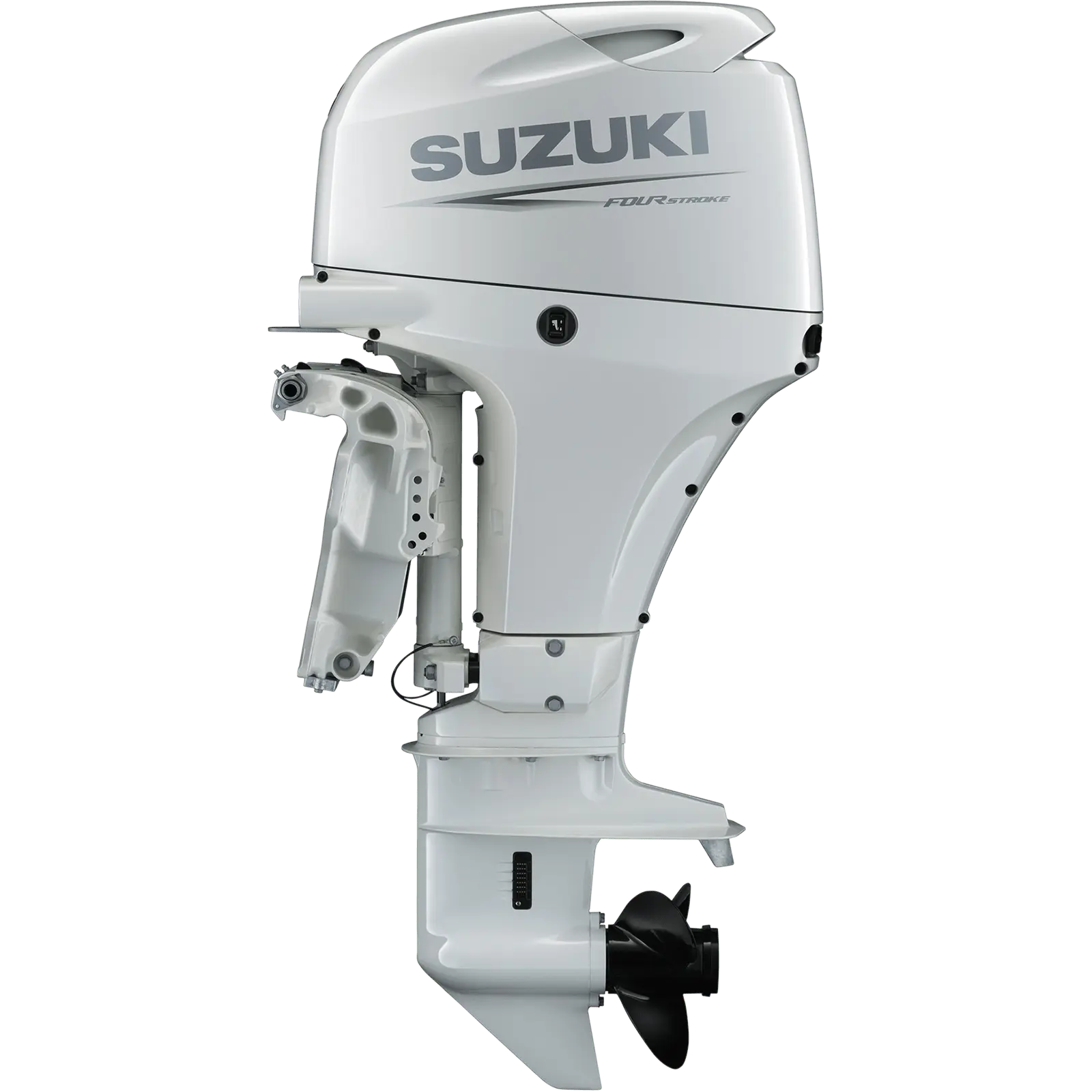 A white outboard motor with black propeller and branding details.