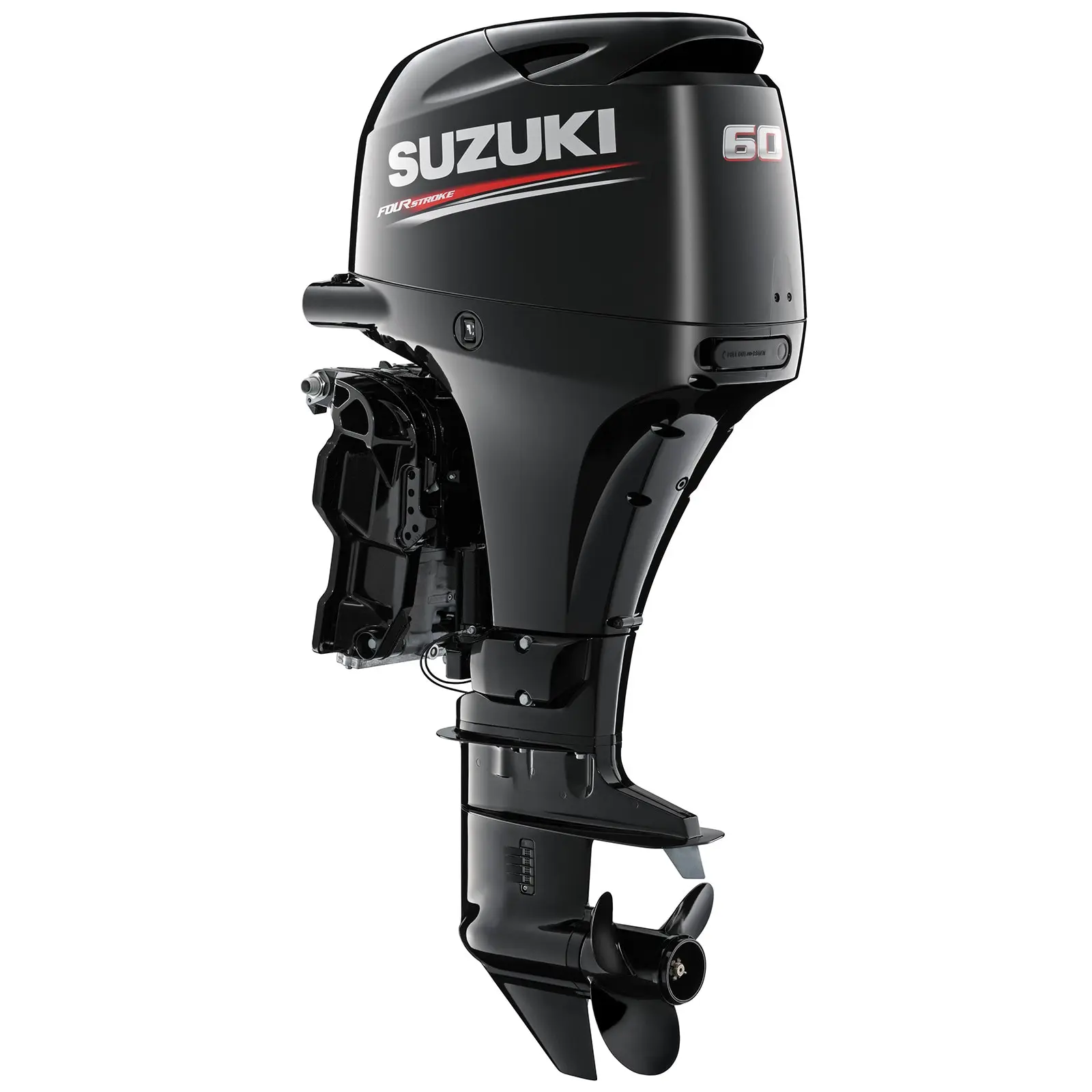 A sleek black outboard motor with propeller and control panel details.