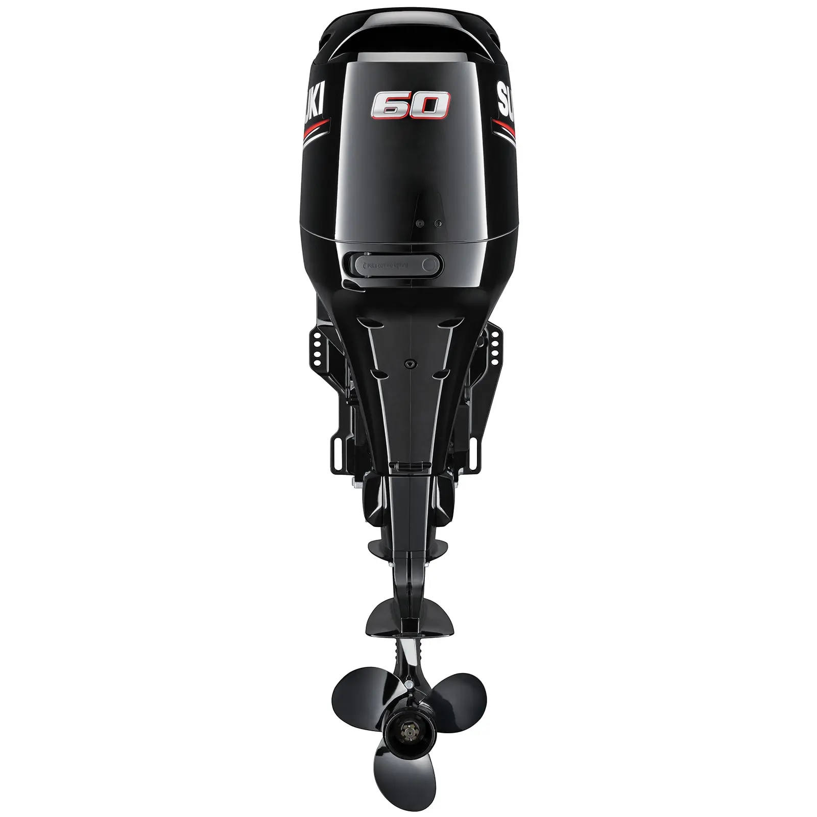 A black outboard motor with propeller and control panel details.