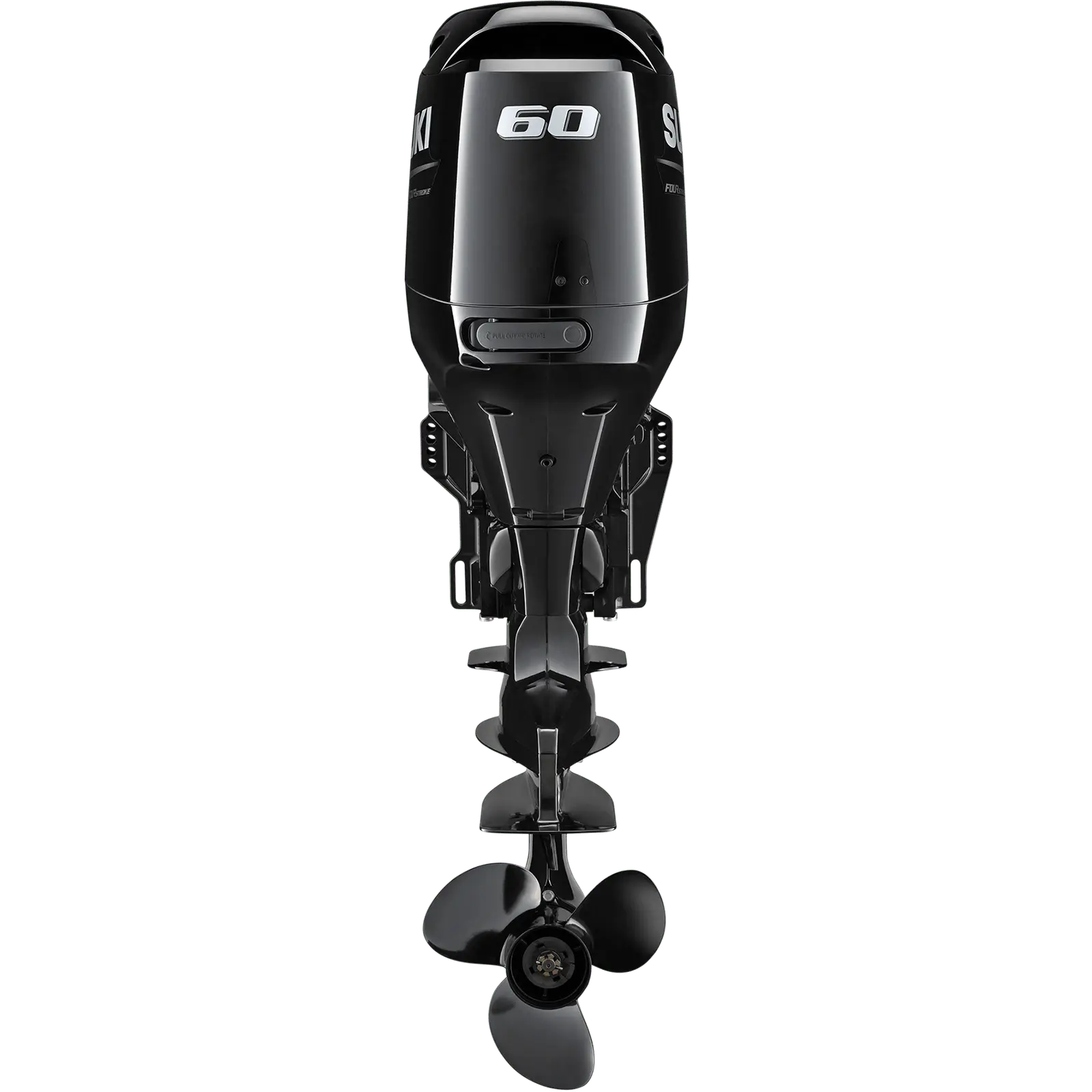 A sleek black outboard motor with propeller and 60 horsepower marking.