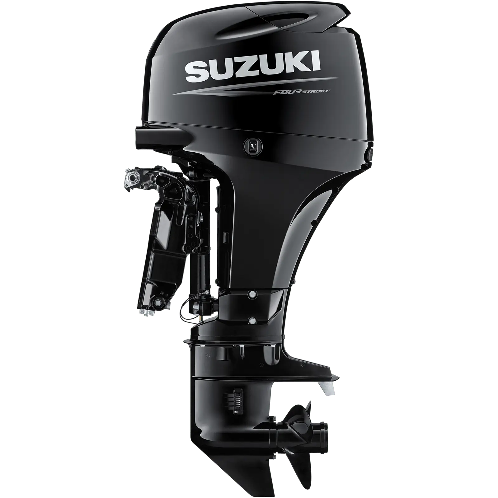 A sleek black outboard motor with four-stroke design shown from front angle.