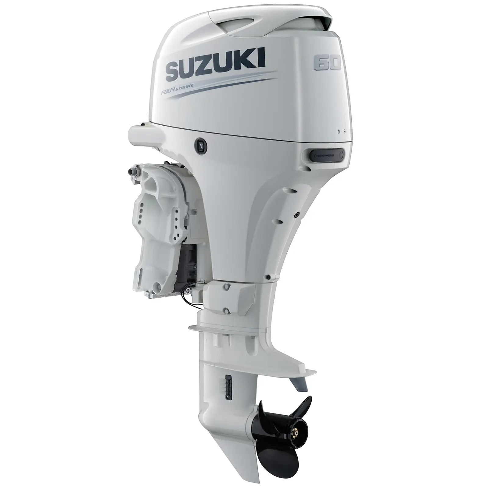 A white outboard motor with propeller and control panel details.