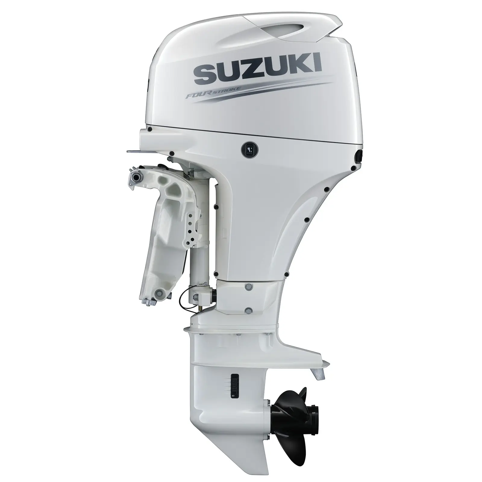 A white outboard motor with black propeller and branding details.