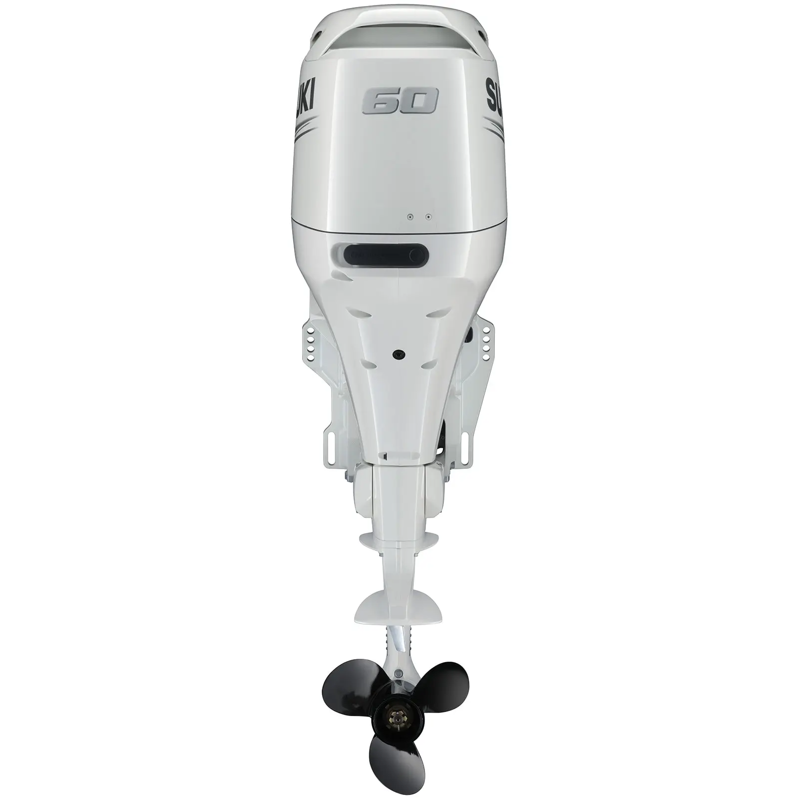 A white outboard motor with black propeller and markings.