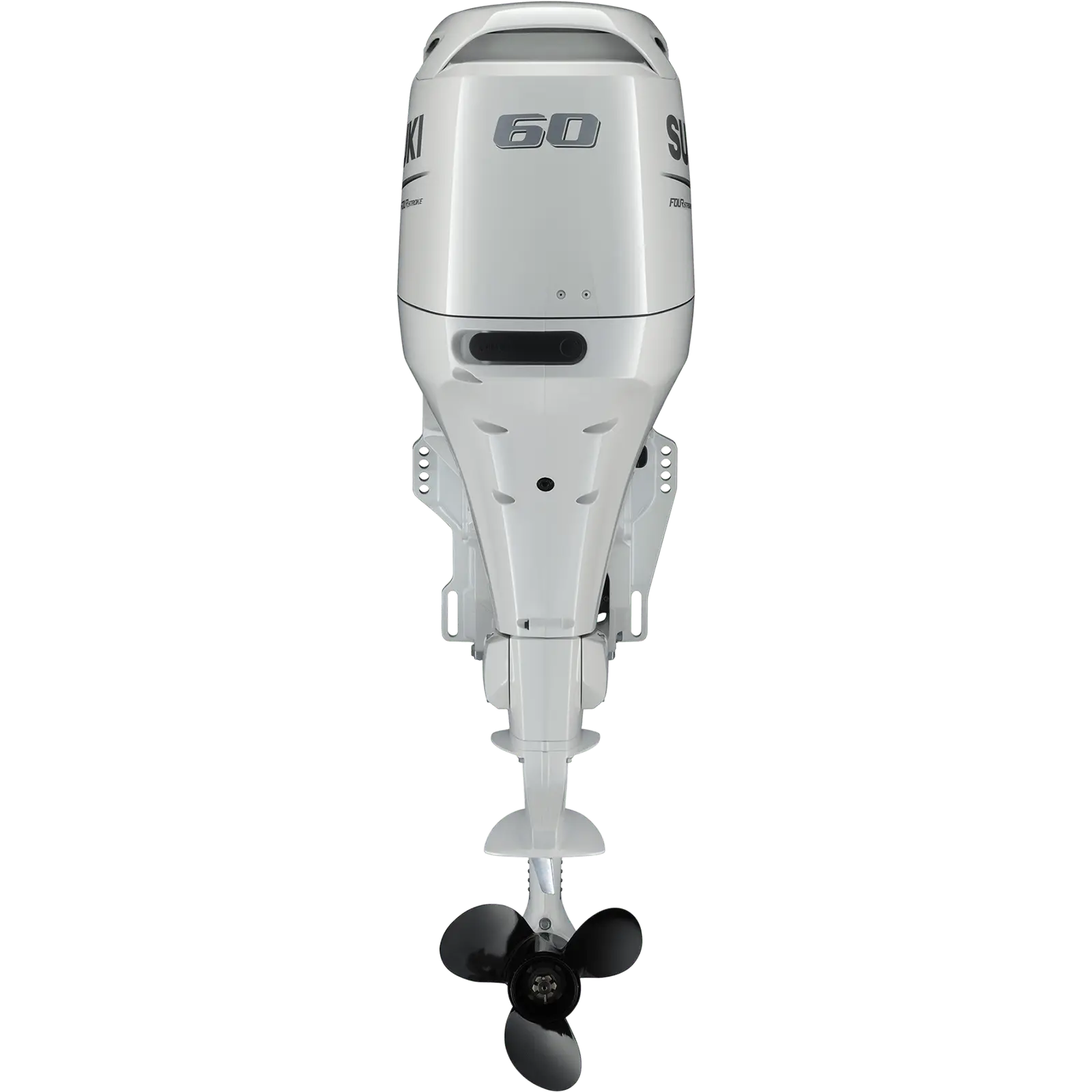 A white outboard motor with black propeller and number 60 on top.