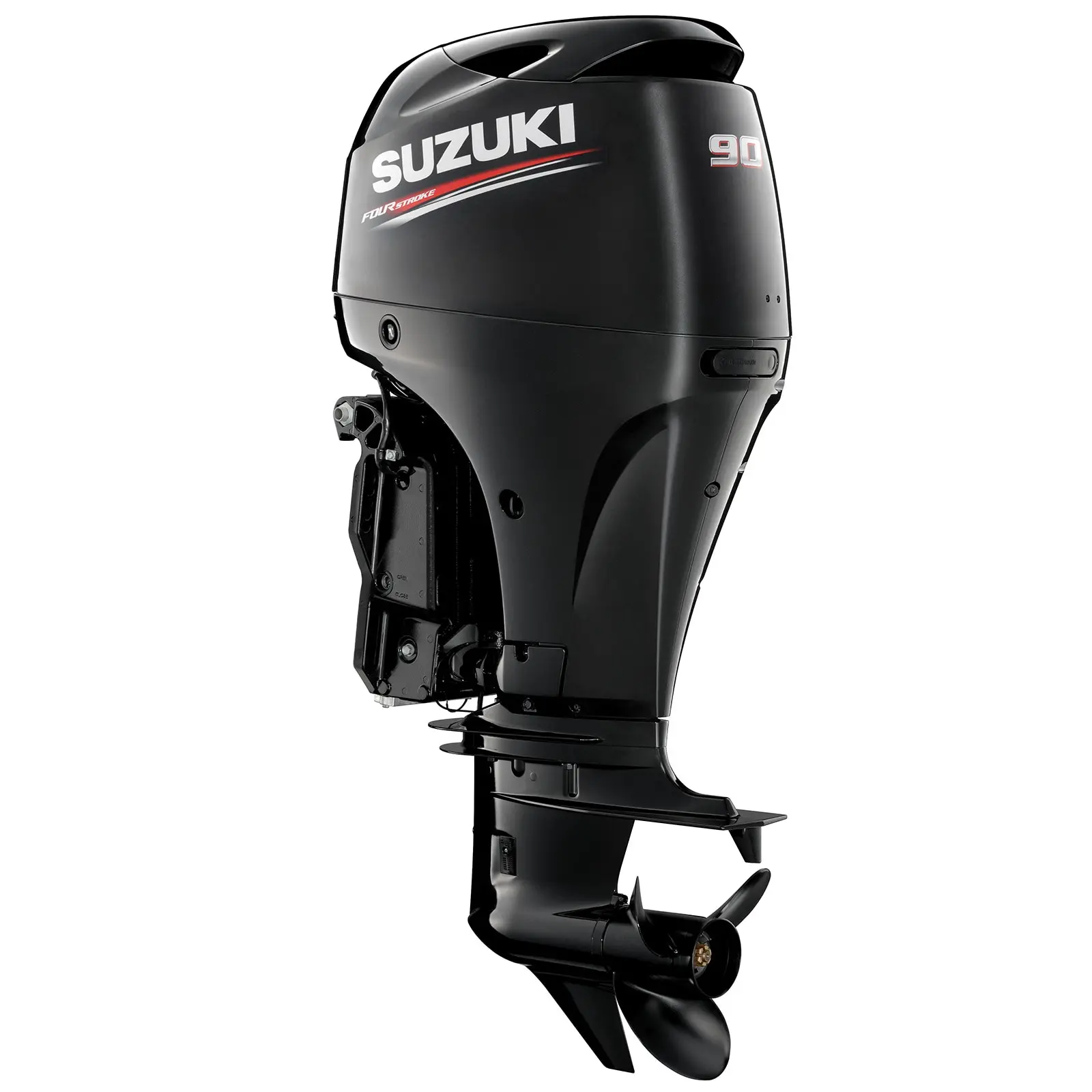 A sleek black outboard motor with propeller and control panel details.