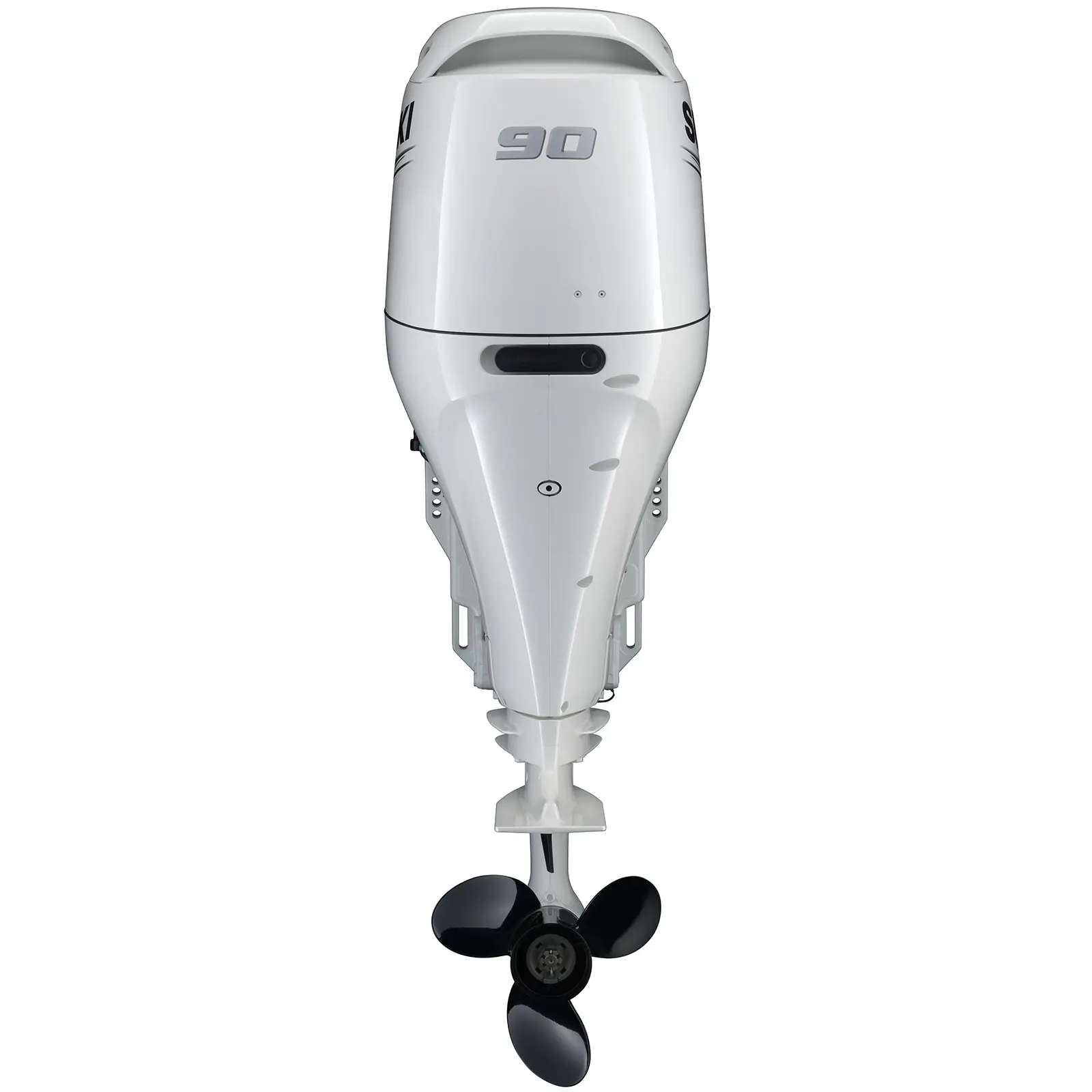 A white outboard motor with black propeller and number 90 on top.