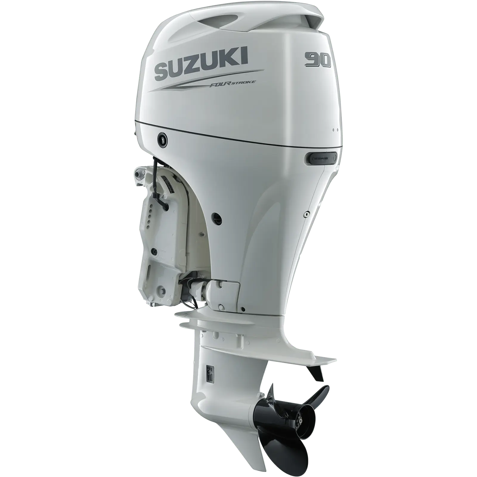 White outboard motor with black propeller and control panel details.