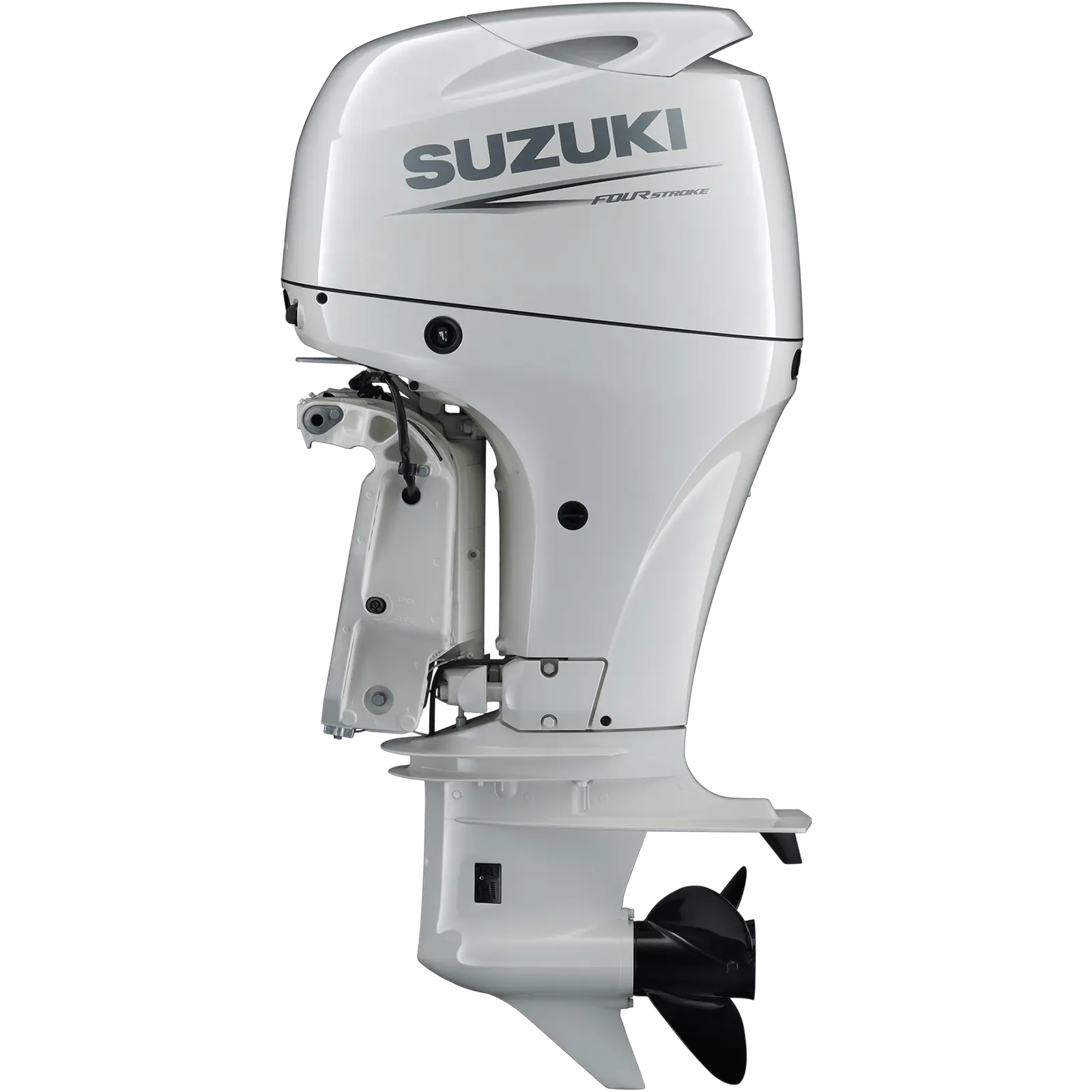 A white outboard motor with black propeller and Suzuki logo.