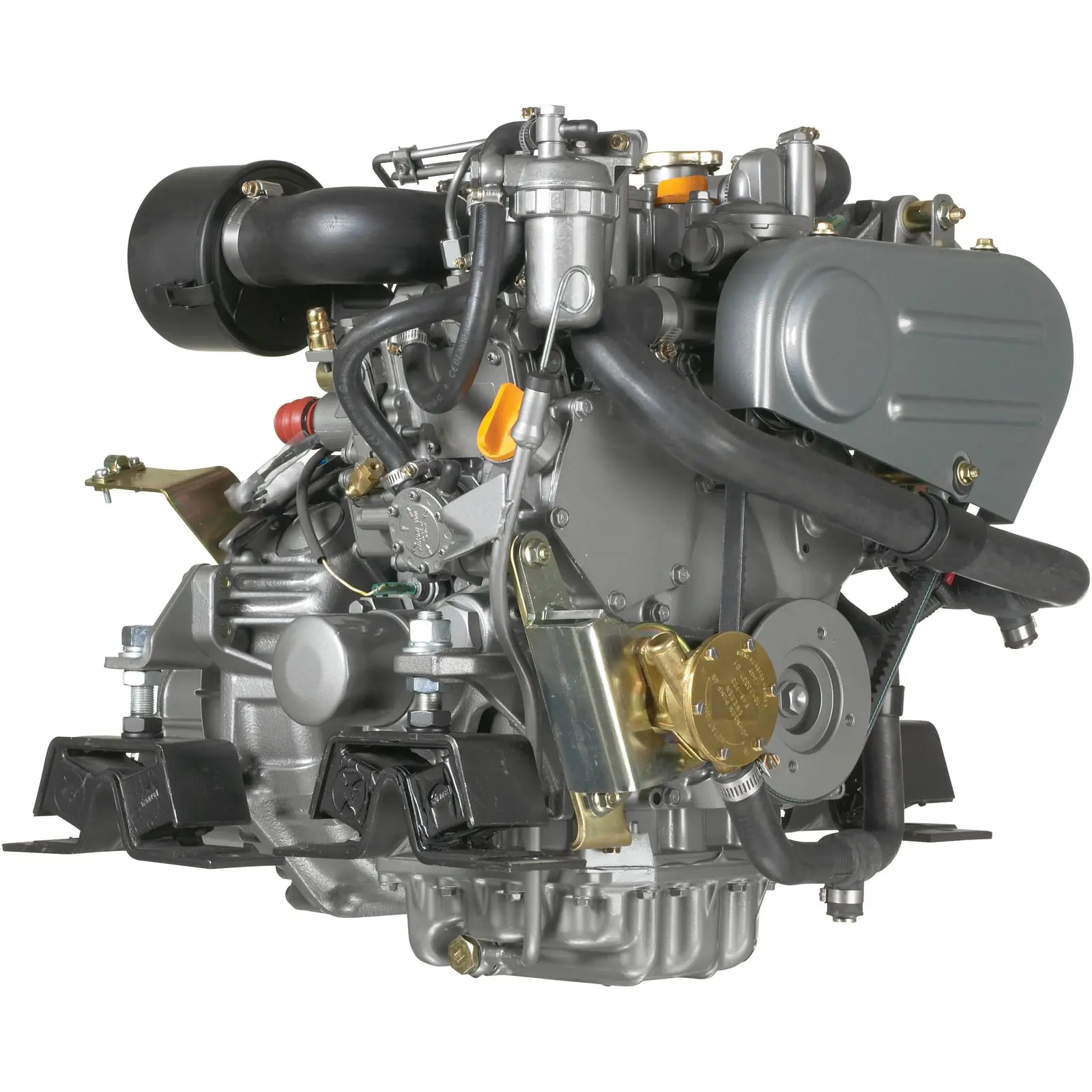 A close-up view of an engine with various mechanical components and hoses.