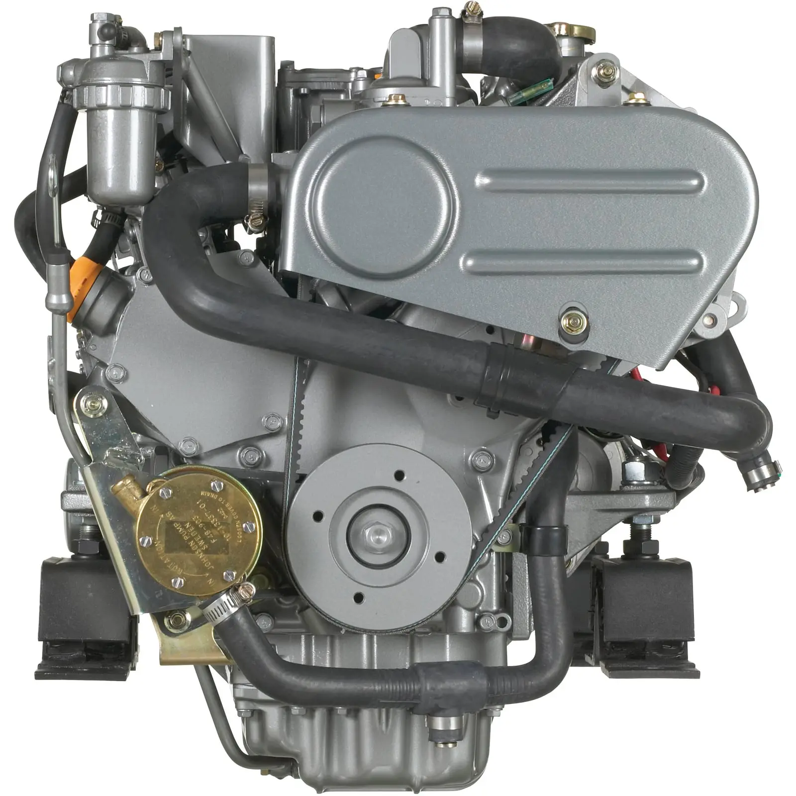 A close-up view of an engine with various components and hoses.