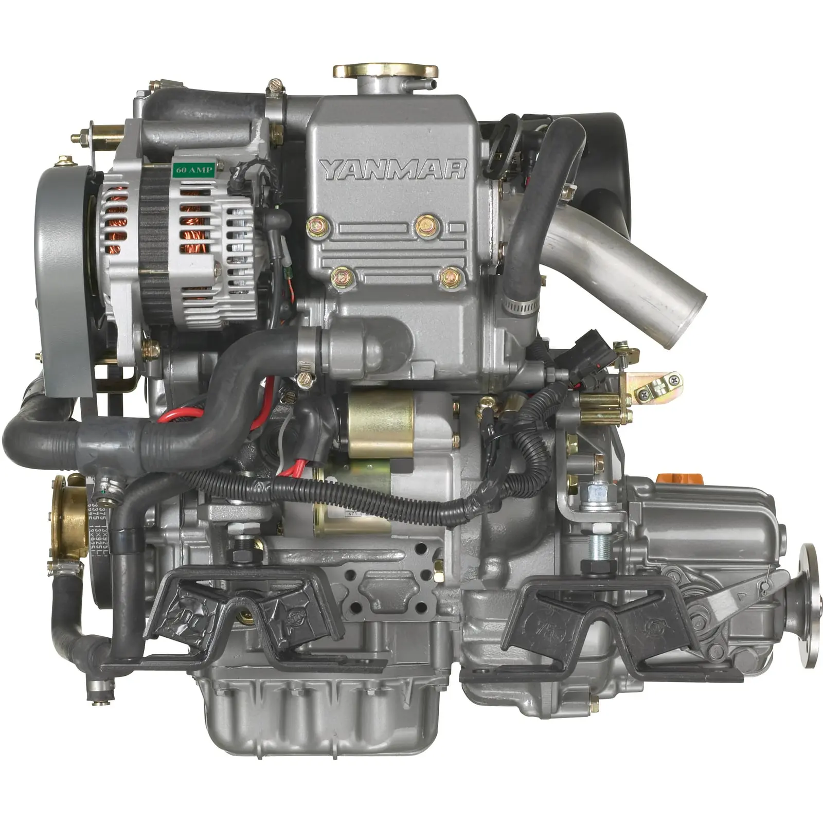 A Yanmar diesel engine with various components and hoses.