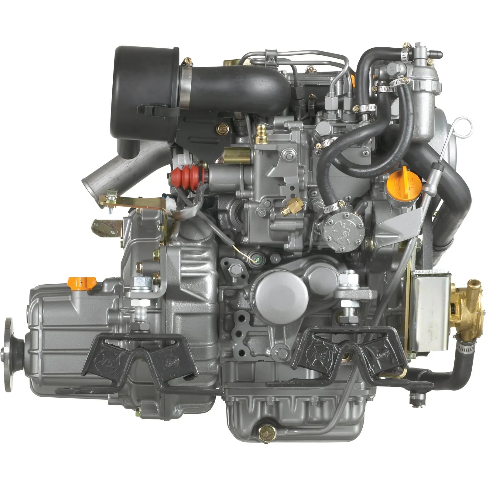 A compact diesel engine with various components and hoses is displayed against white background.