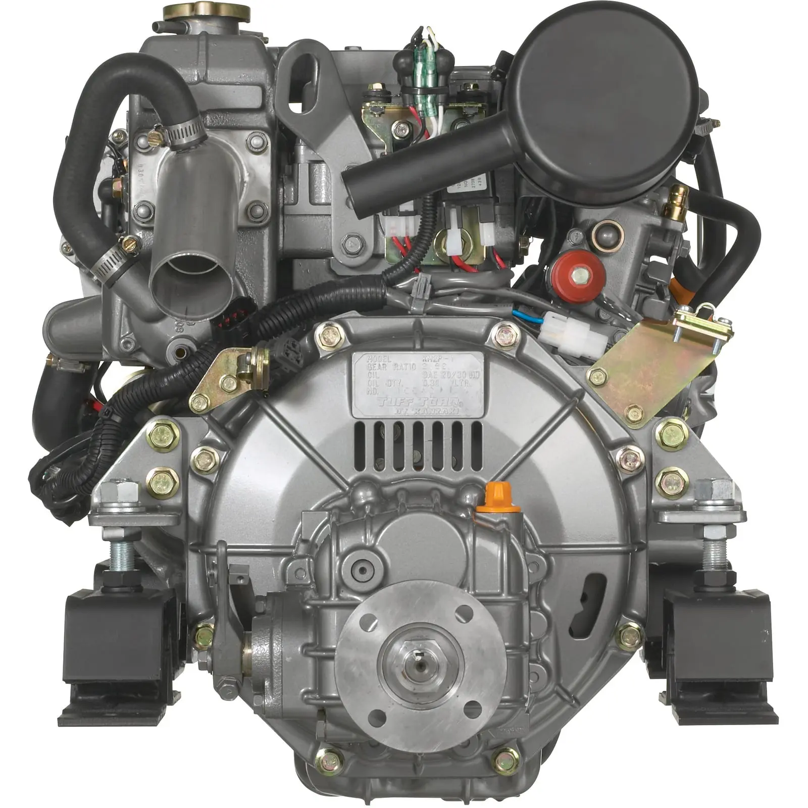 A compact engine assembly with various components and wiring.