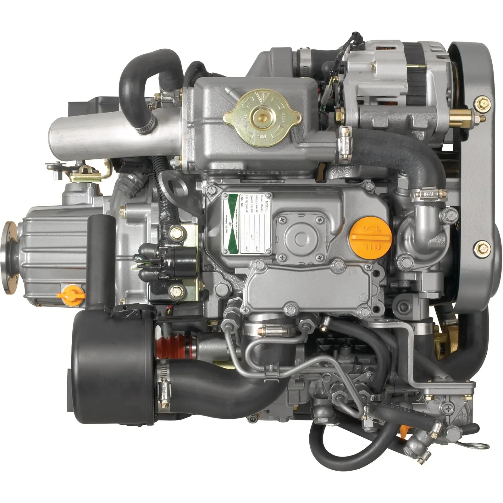 A detailed view of an engine with various components and hoses connected.