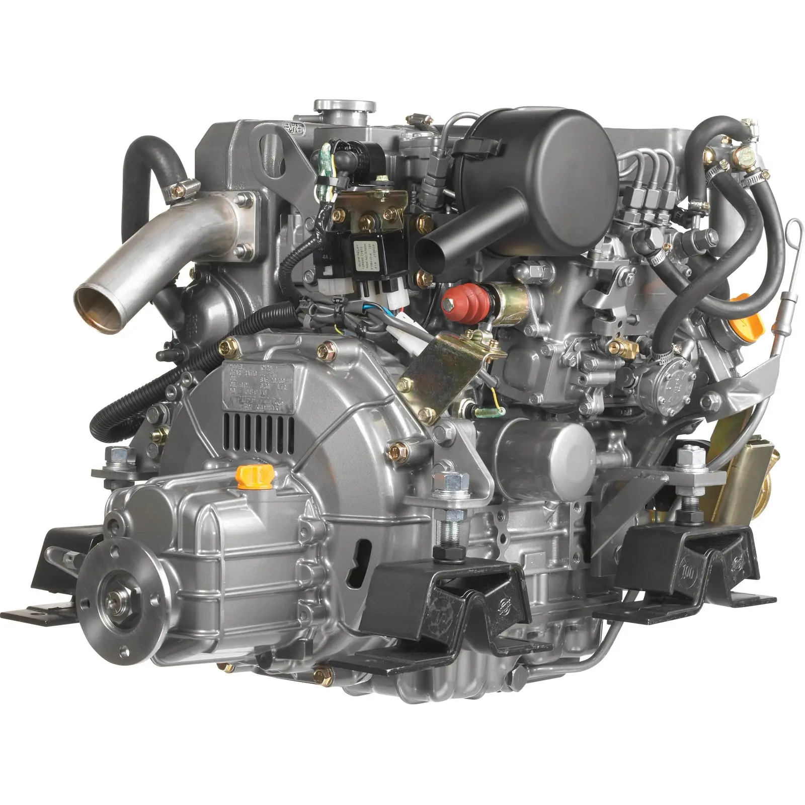 A close-up view of an industrial engine with various mechanical components and hoses.