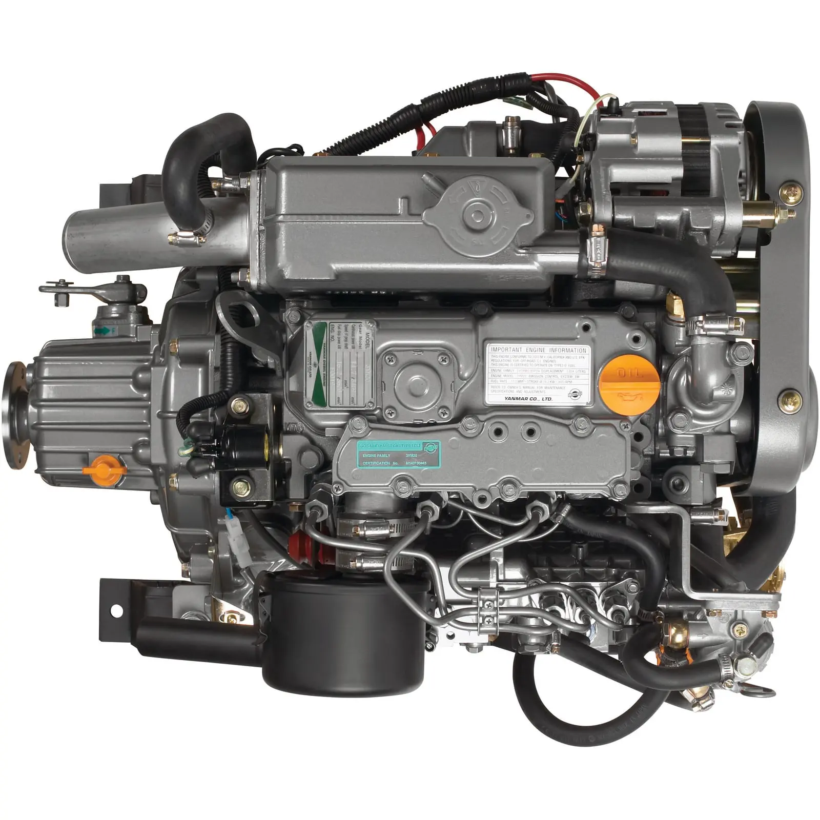 A close-up view of an engine with various components and hoses connected.
