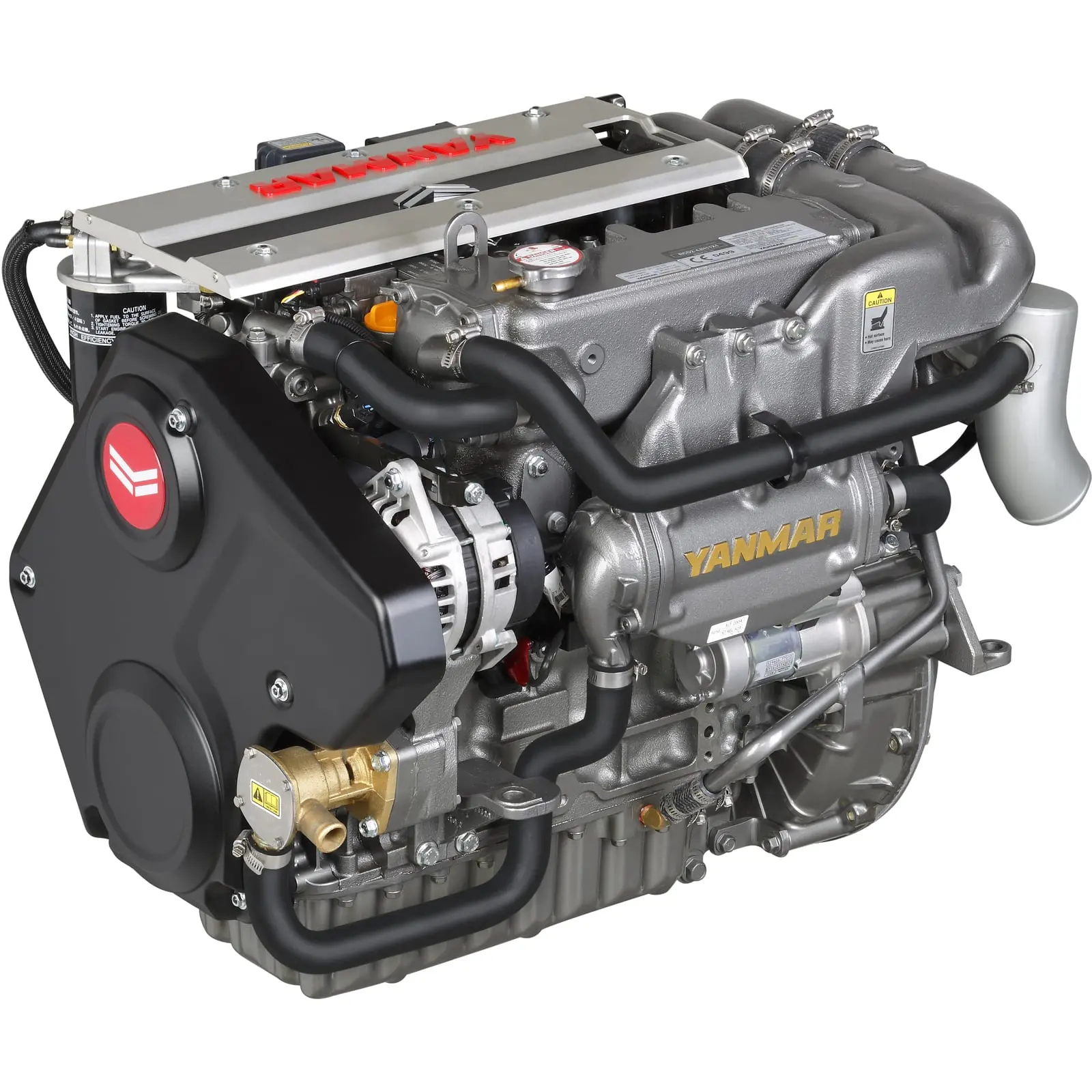 A Yanmar diesel engine with various components and hoses.