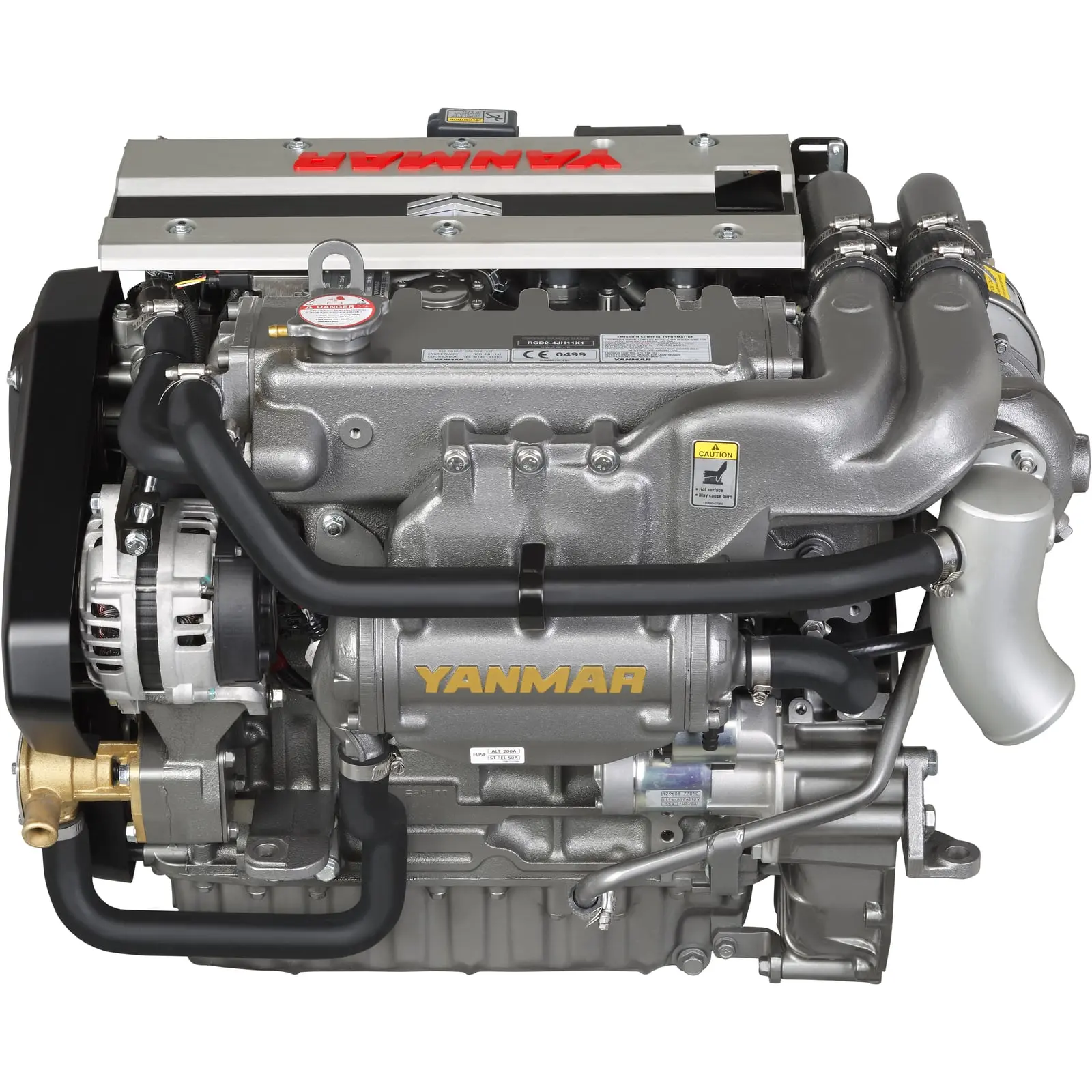 A Yanmar diesel engine with various components and hoses shown.