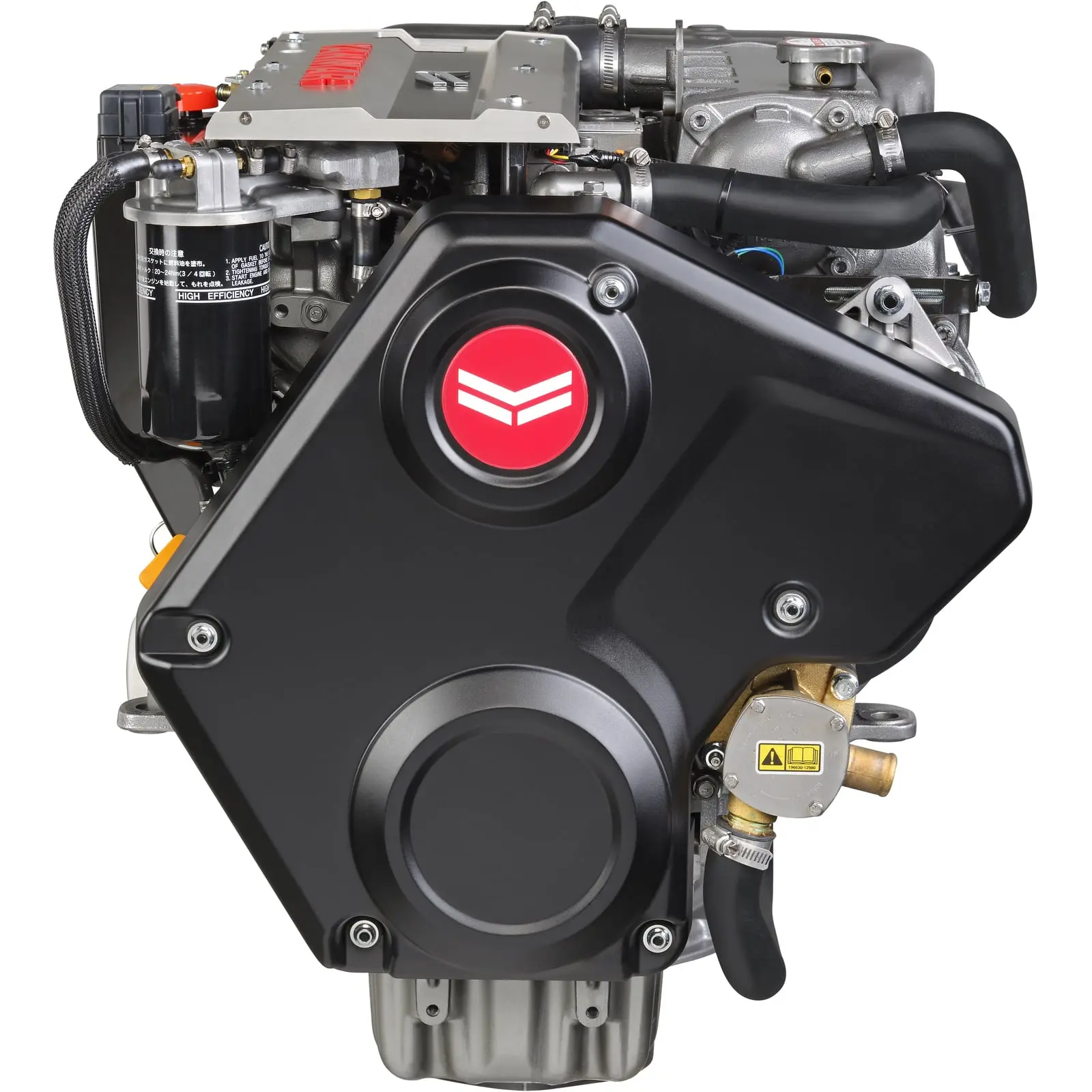 A close-up view of an engine with red and black components.
