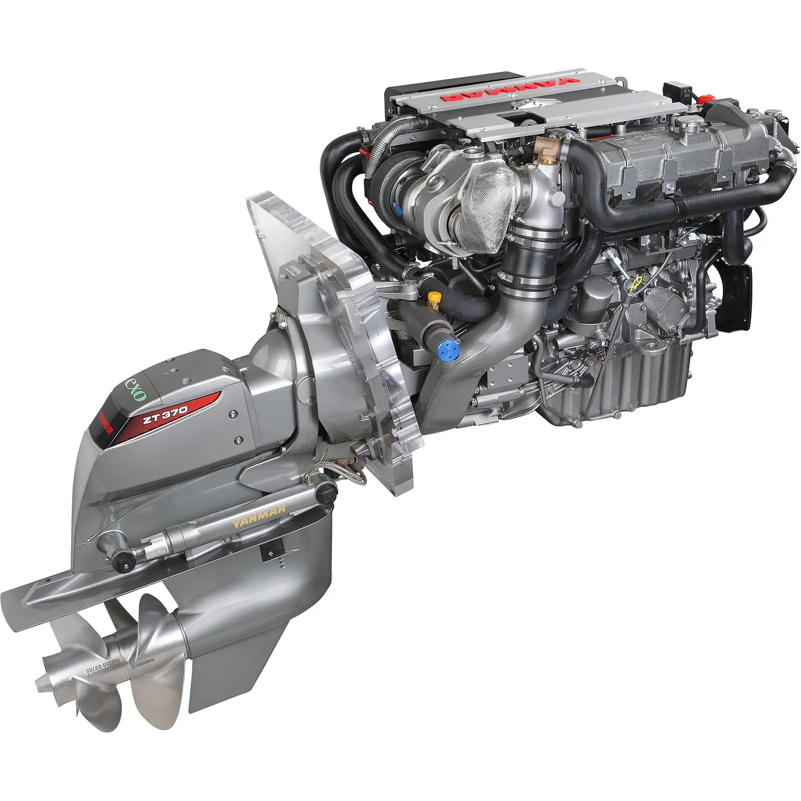 A marine outboard motor with exposed components and propeller.
