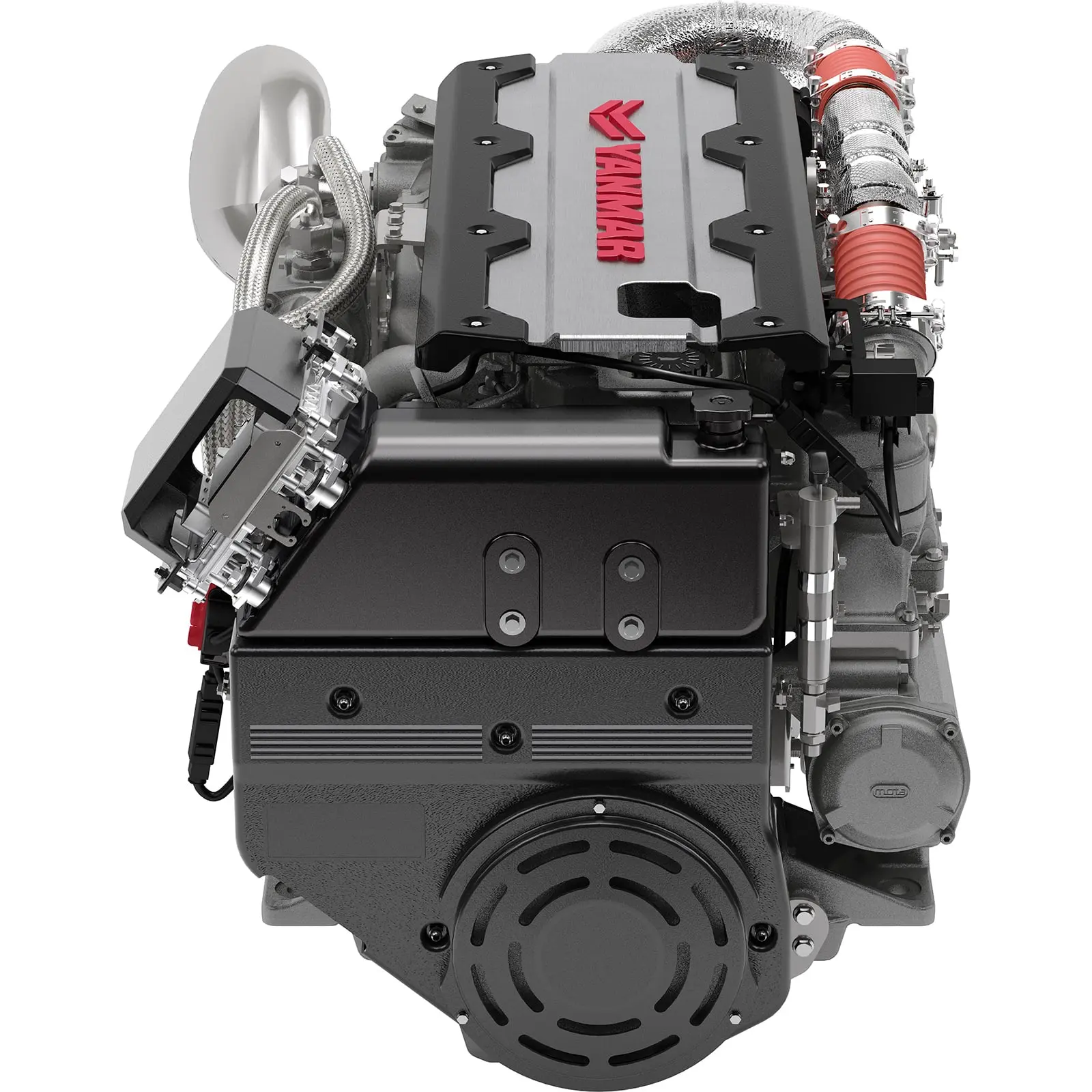 A compact engine with various components and red accents is displayed against white background.