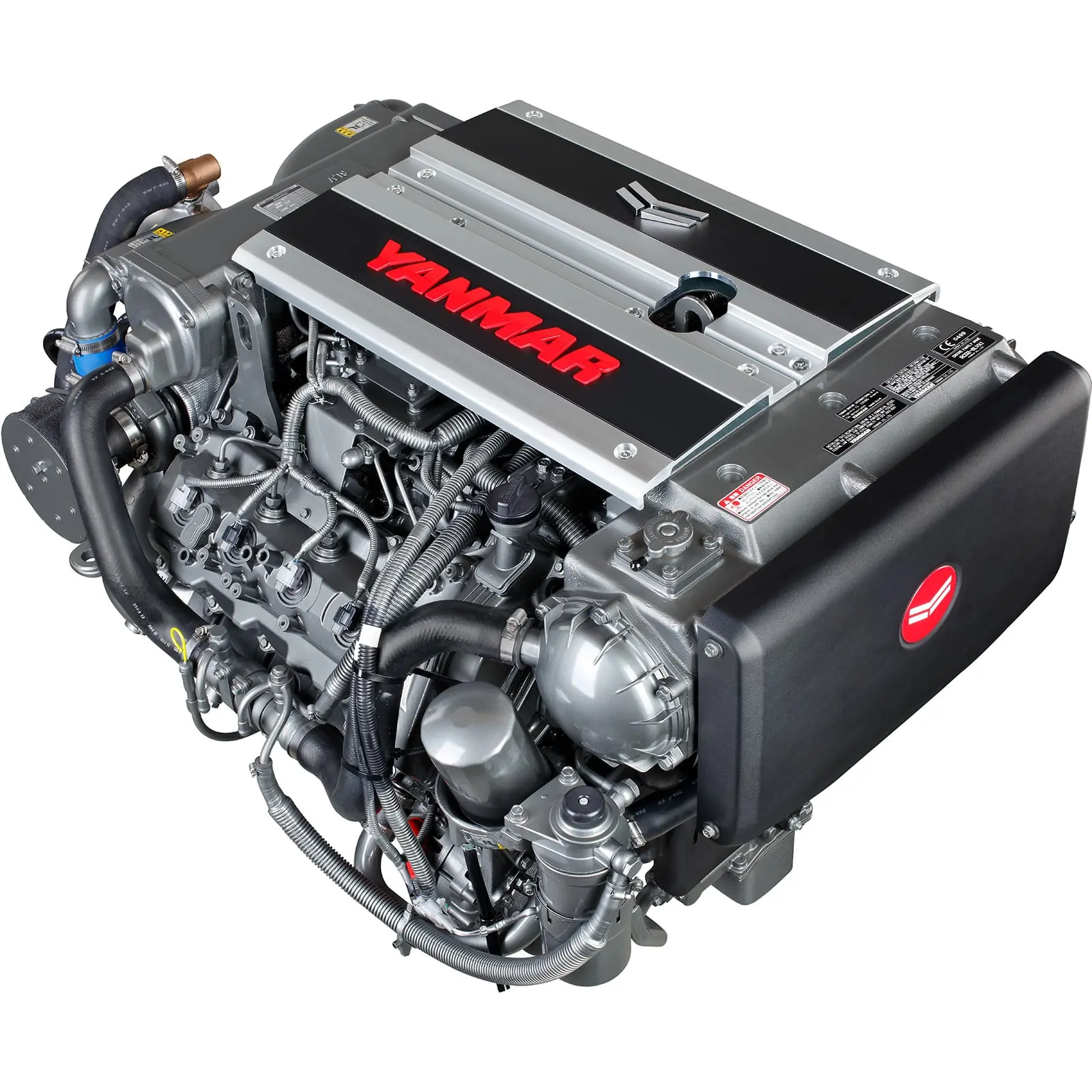 A Yanmar diesel engine with various hoses and components.