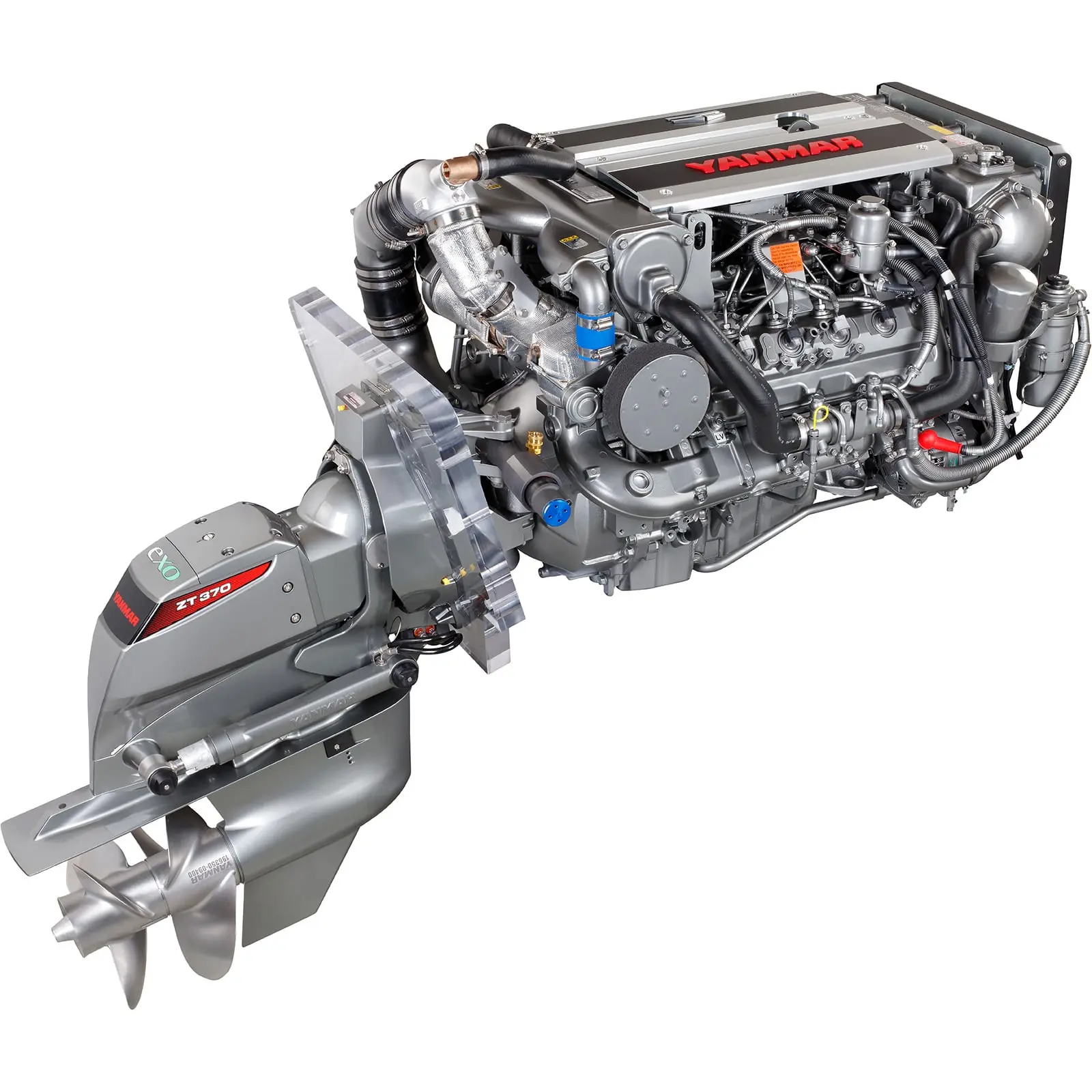 A Yanmar diesel engine with an attached propeller and exhaust system.