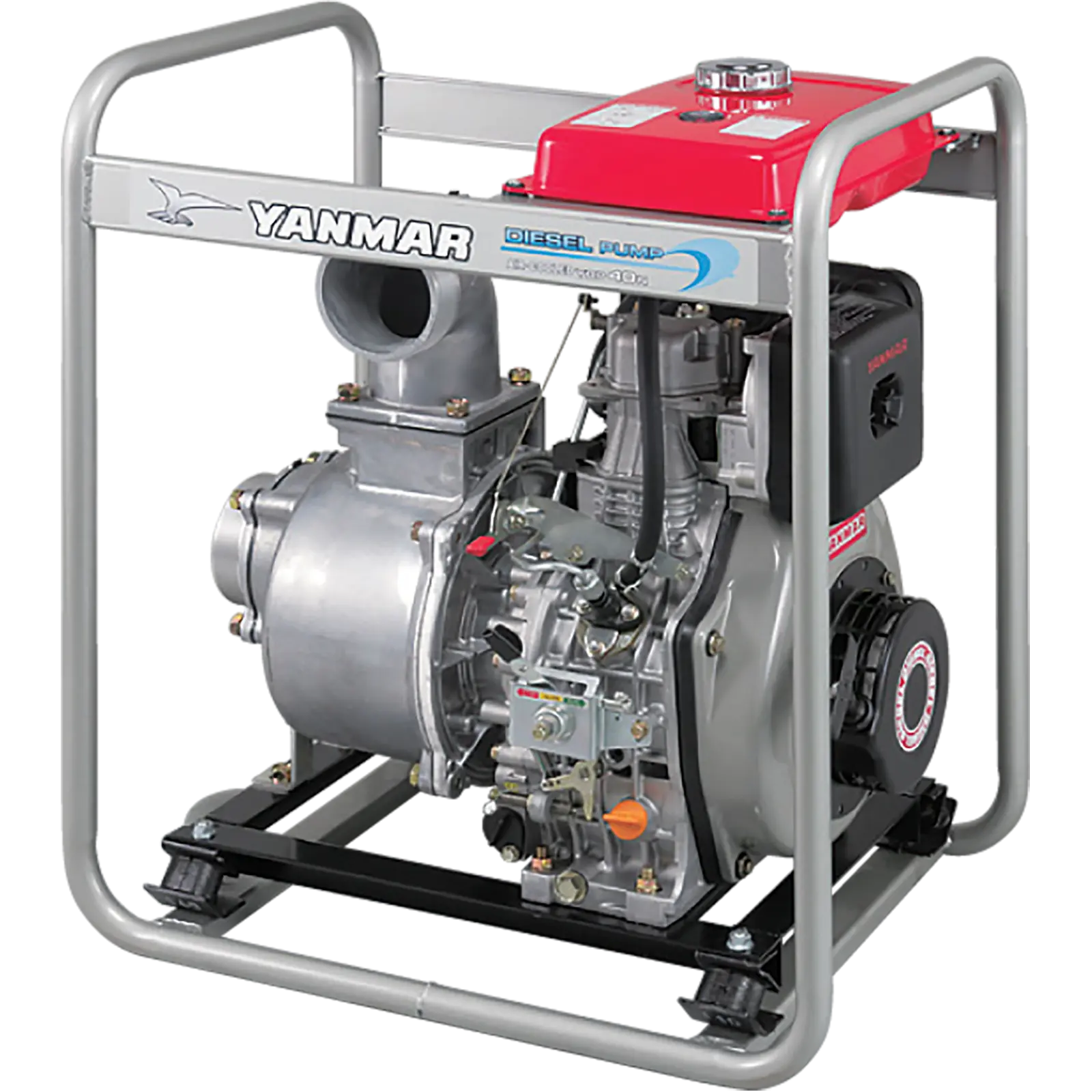 A Yanmar diesel pump with red top and silver body on metal frame.