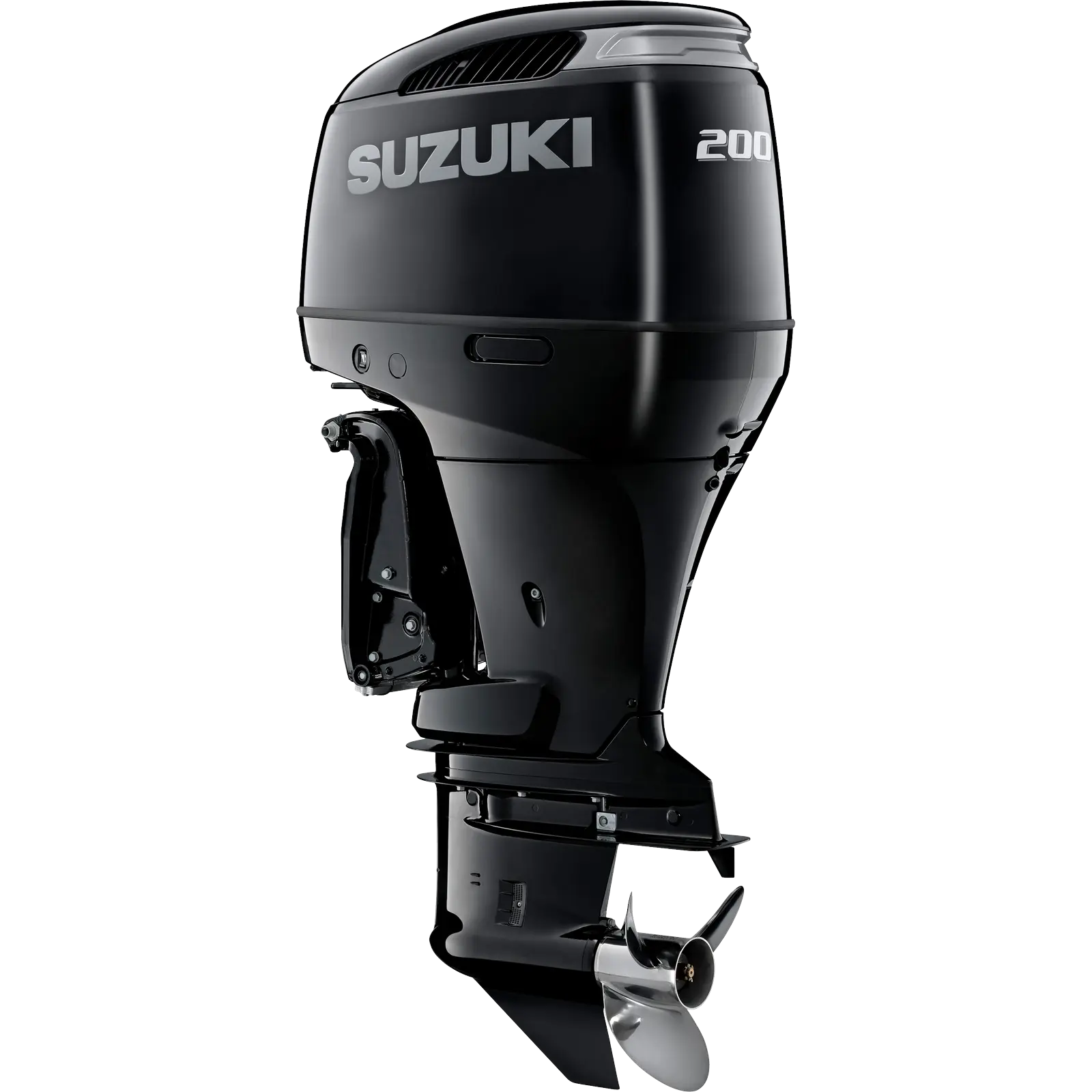 A sleek black outboard motor with propeller and branding details.
