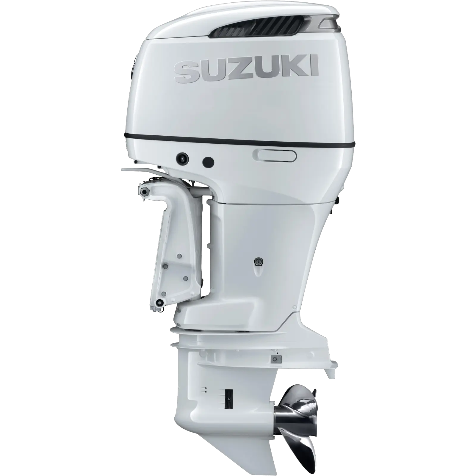 White outboard motor with propeller and Suzuki logo on top.