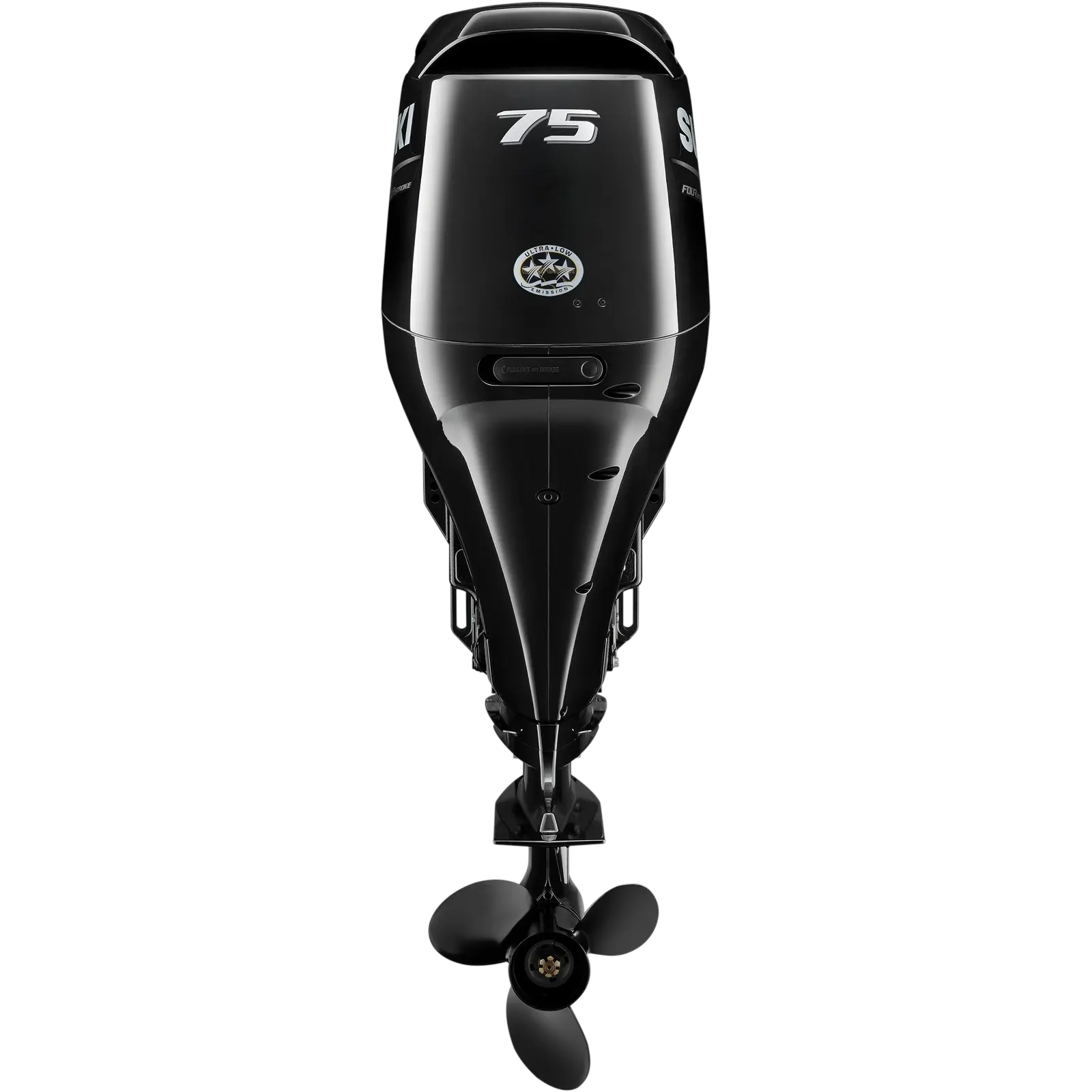 A sleek black outboard motor with propeller and 75 horsepower marking.